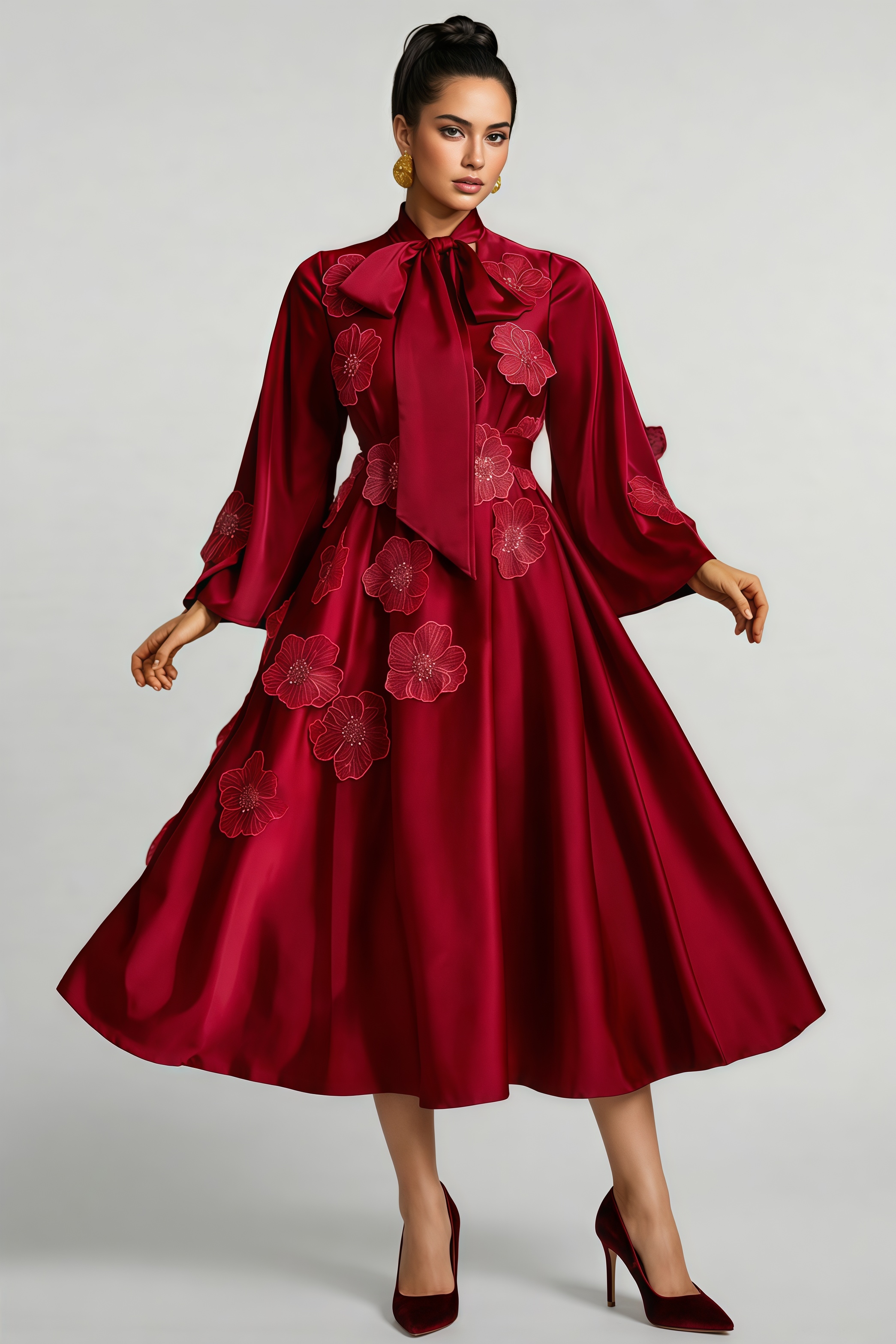 Eckhart Red Tie Up Flower Satin Maxi Dress