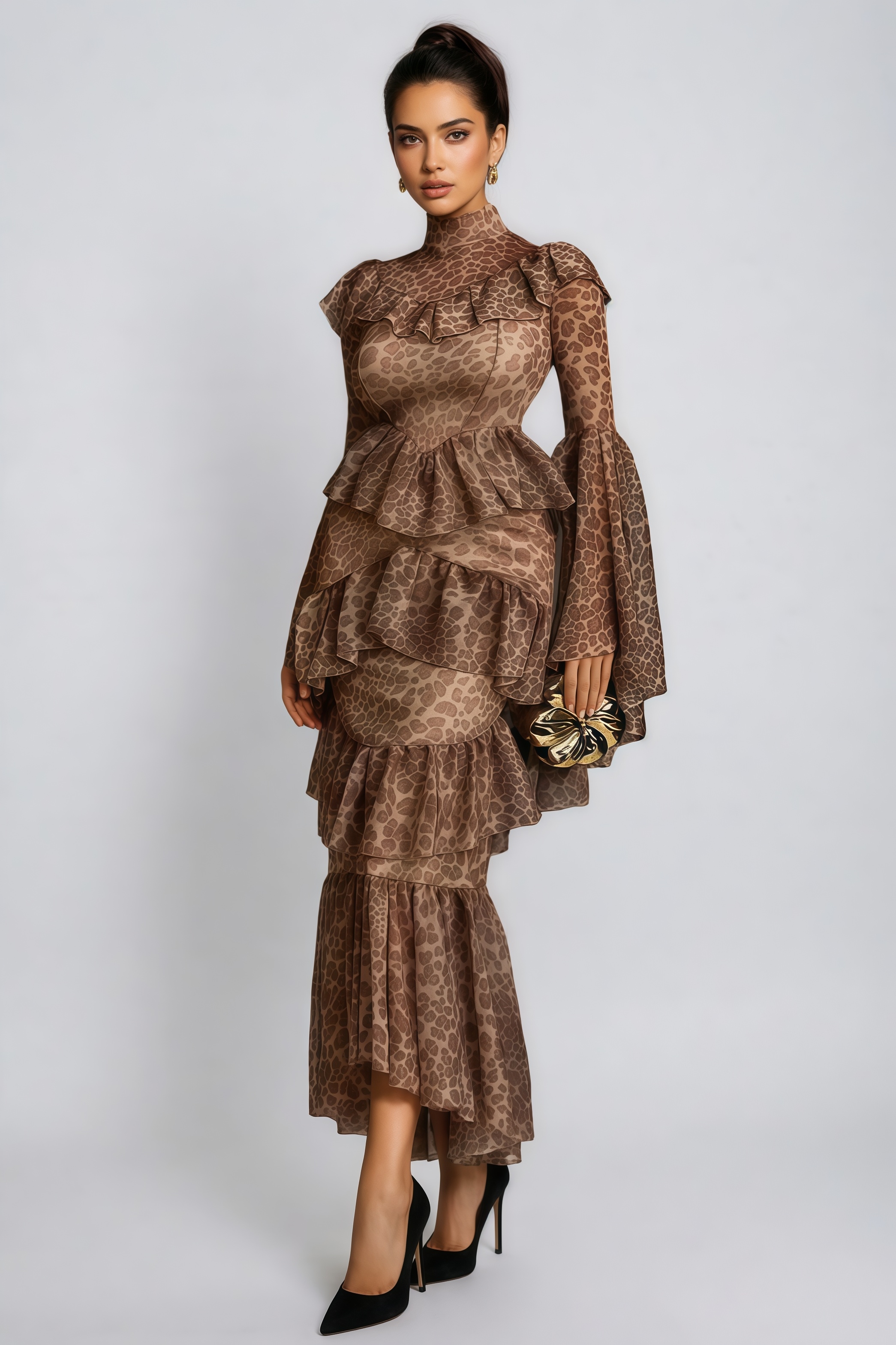 Darlita Bell Sleeve Leopard Midi Dress