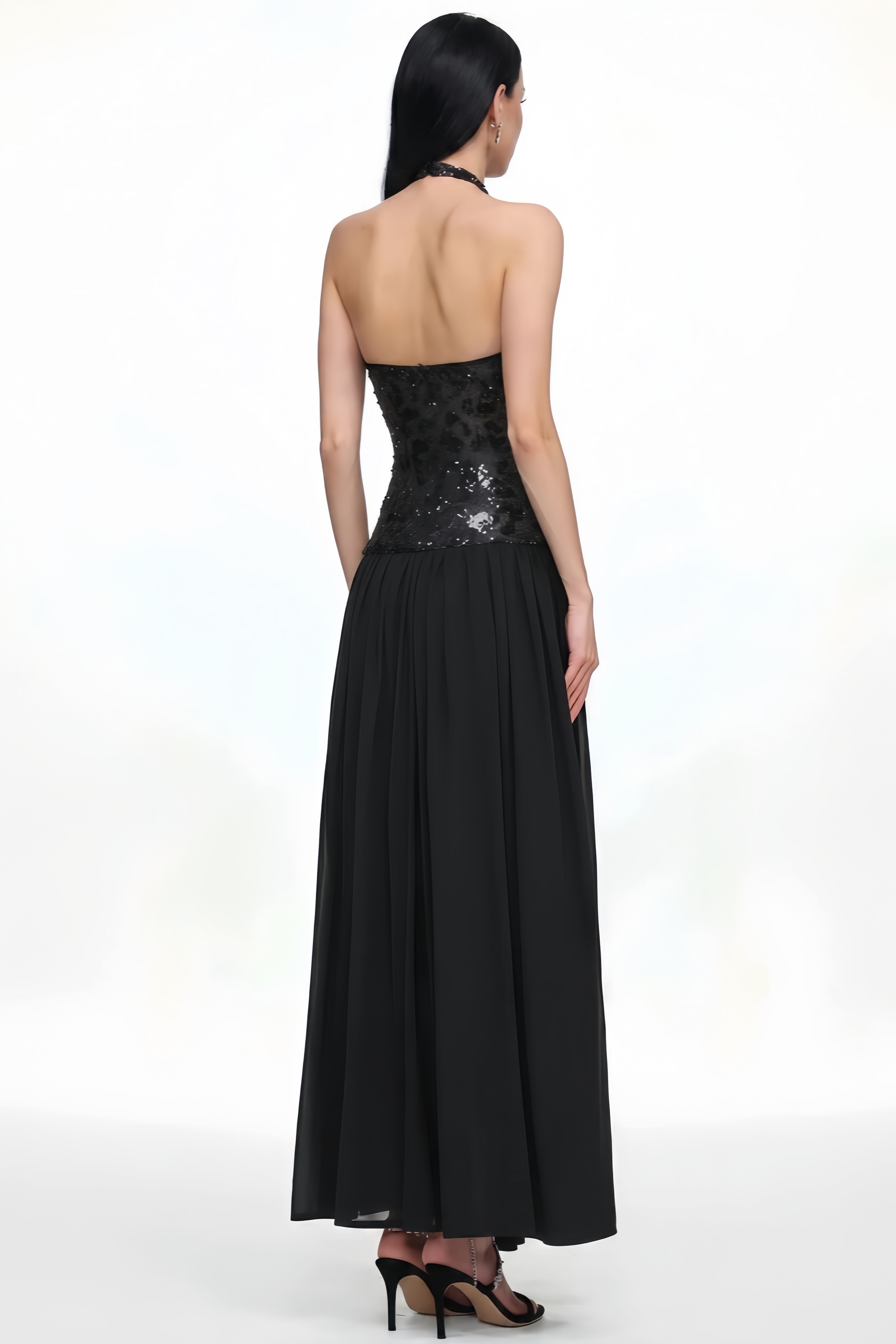 Larylt Halter Ruched Mesh Sequin Maxi Dress