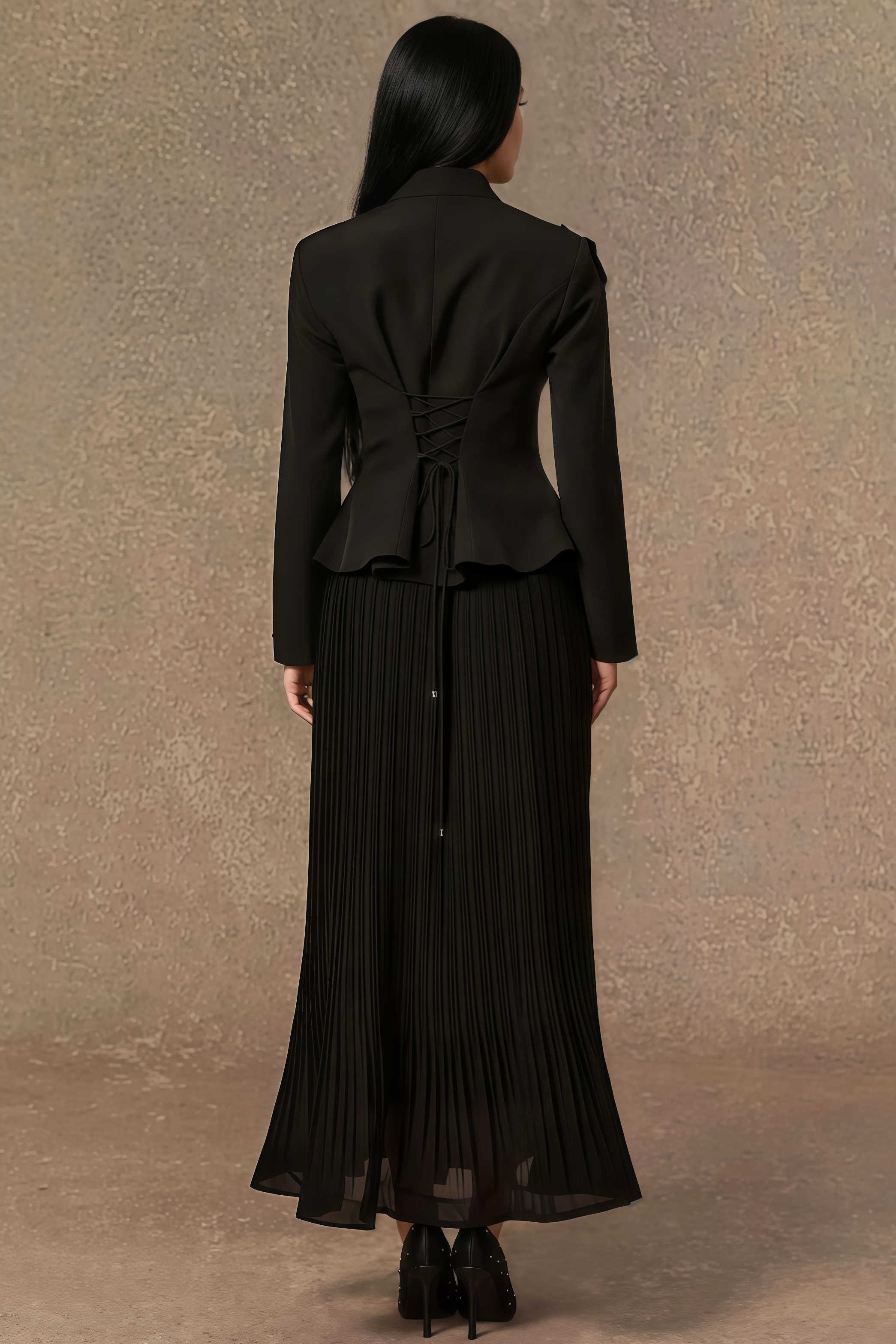 Vlyeria Black Lace Embroidered Pleated Maxi Dress Set