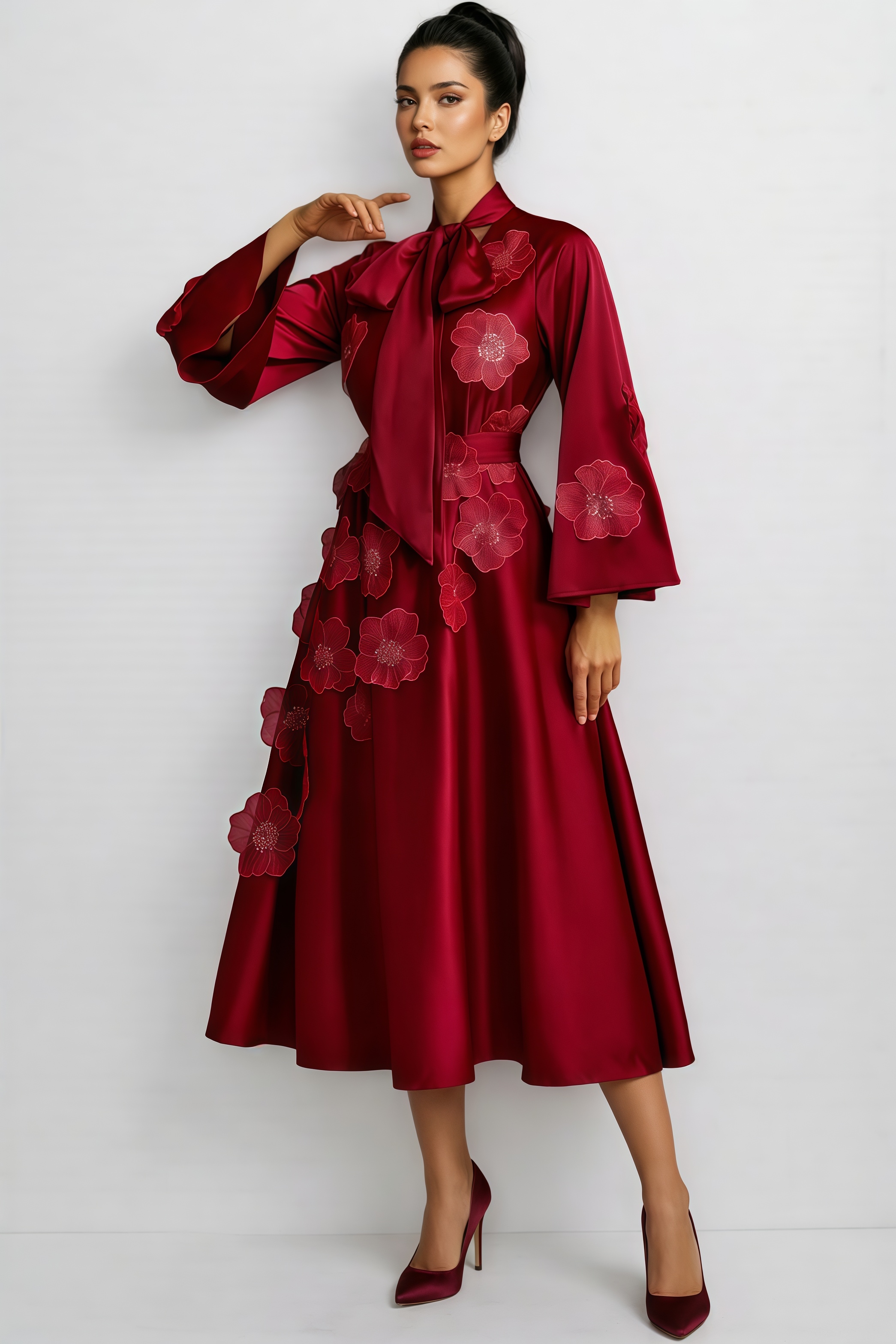 Eckhart Red Tie Up Flower Satin Maxi Dress