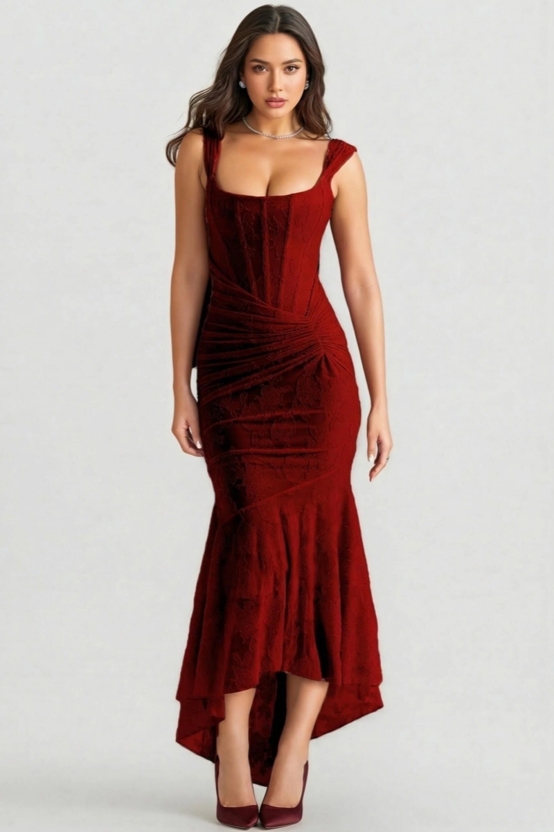 Amrae Red Pleated Sleeveless Floral Maxi Dress