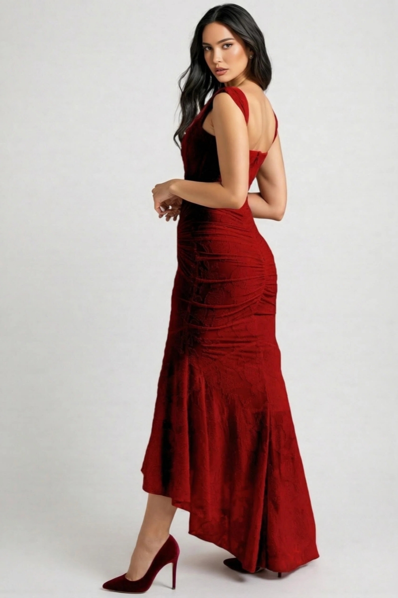 Amrae Red Pleated Sleeveless Floral Maxi Dress