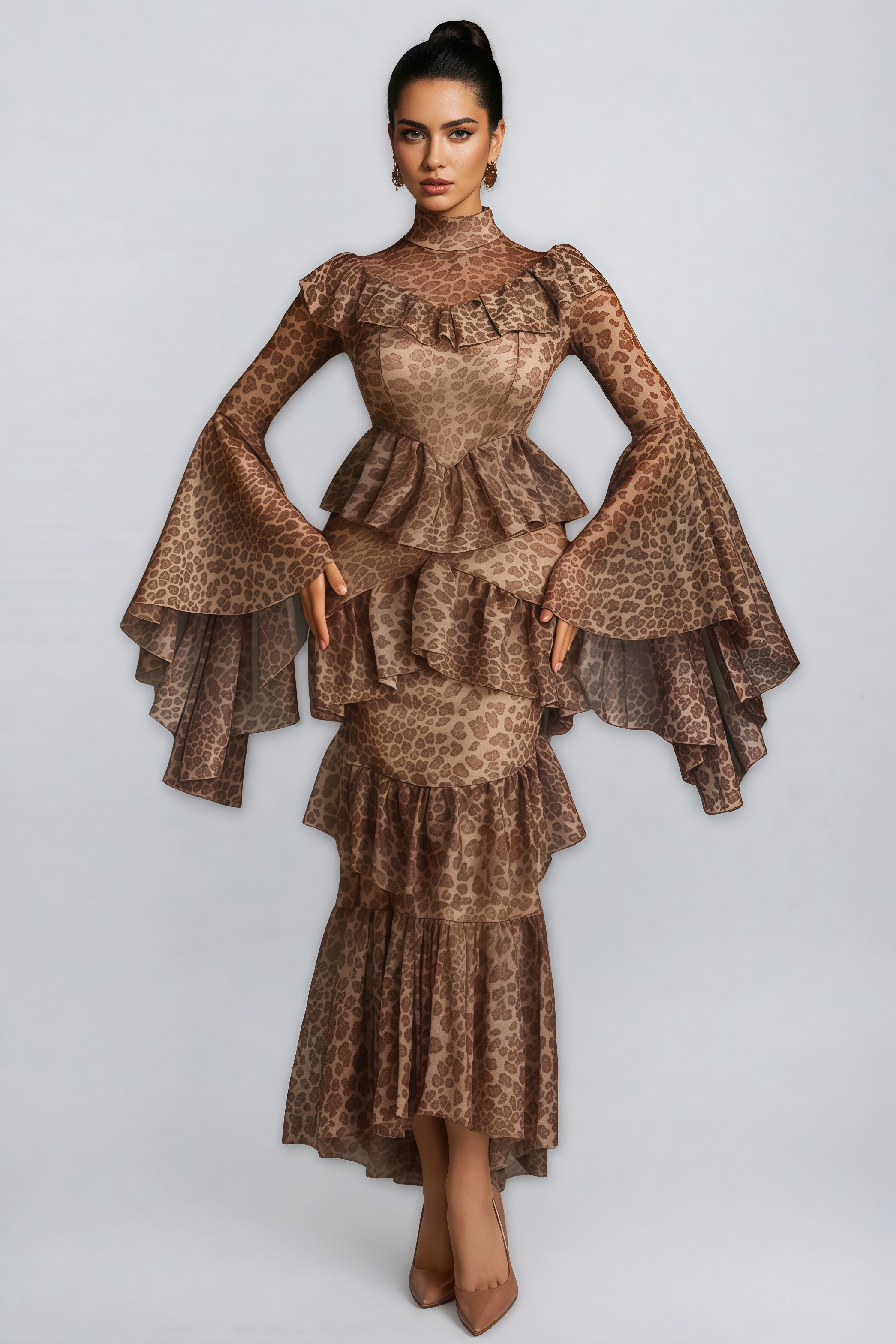 Darlita Bell Sleeve Leopard Midi Dress