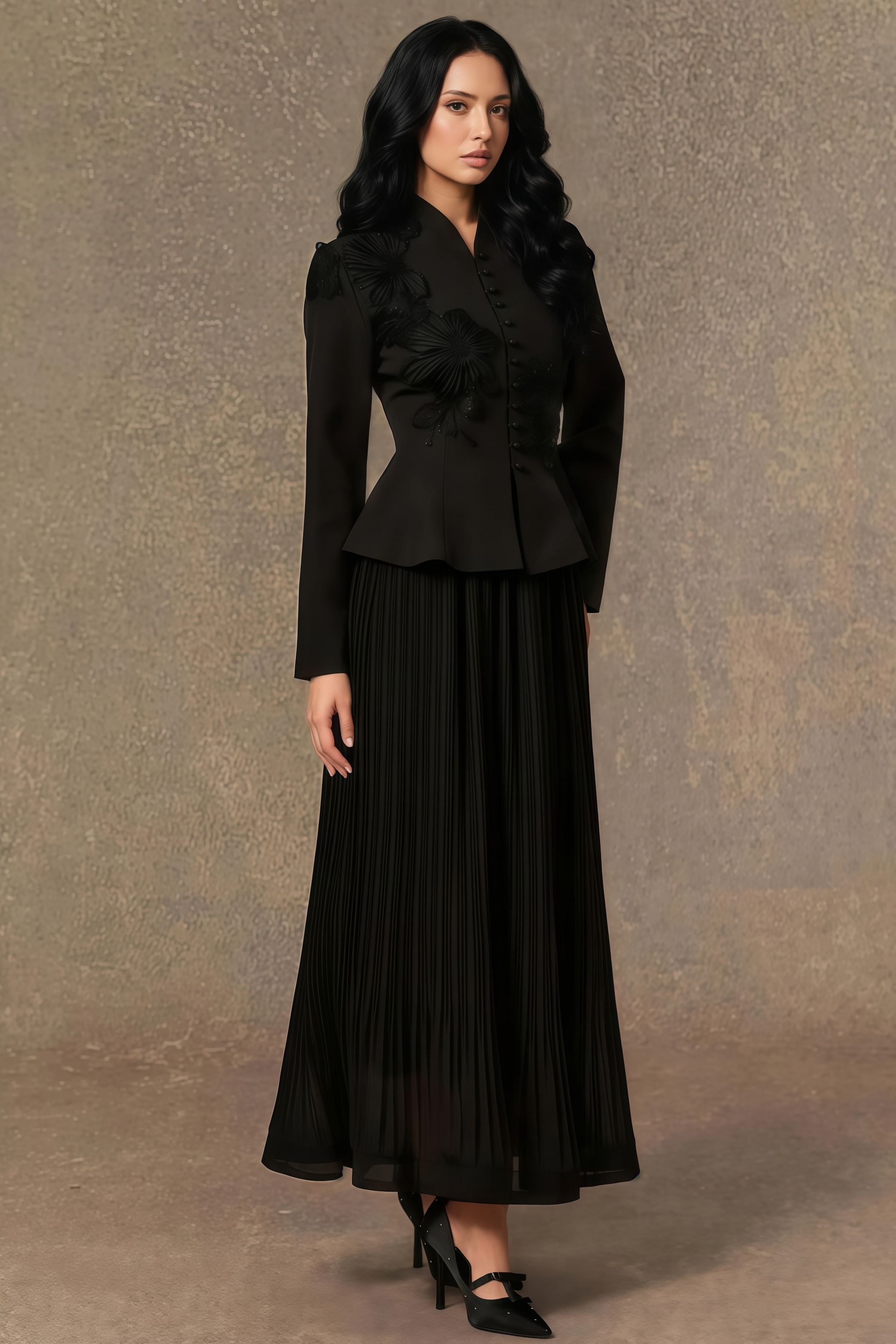 Vlyeria Black Lace Embroidered Pleated Maxi Dress Set