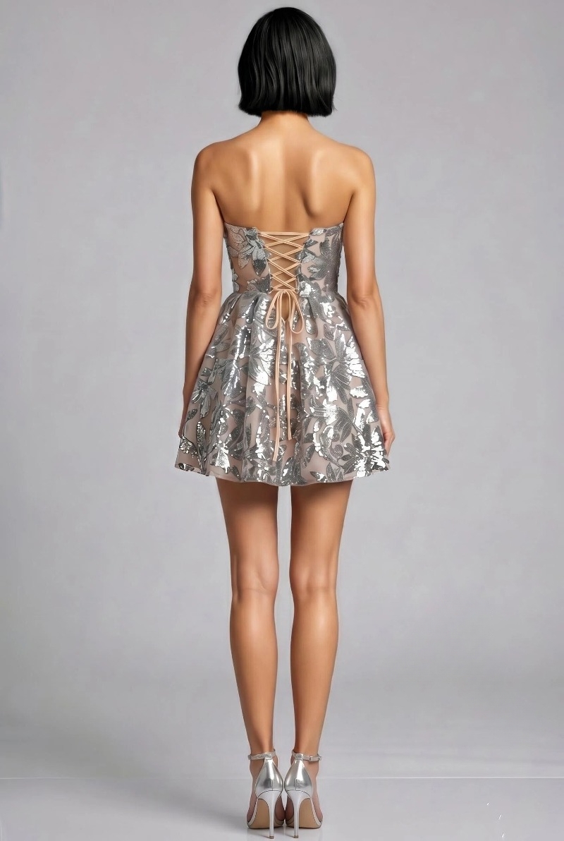 Morviy Silver Sequin Strapless Mini Dress
