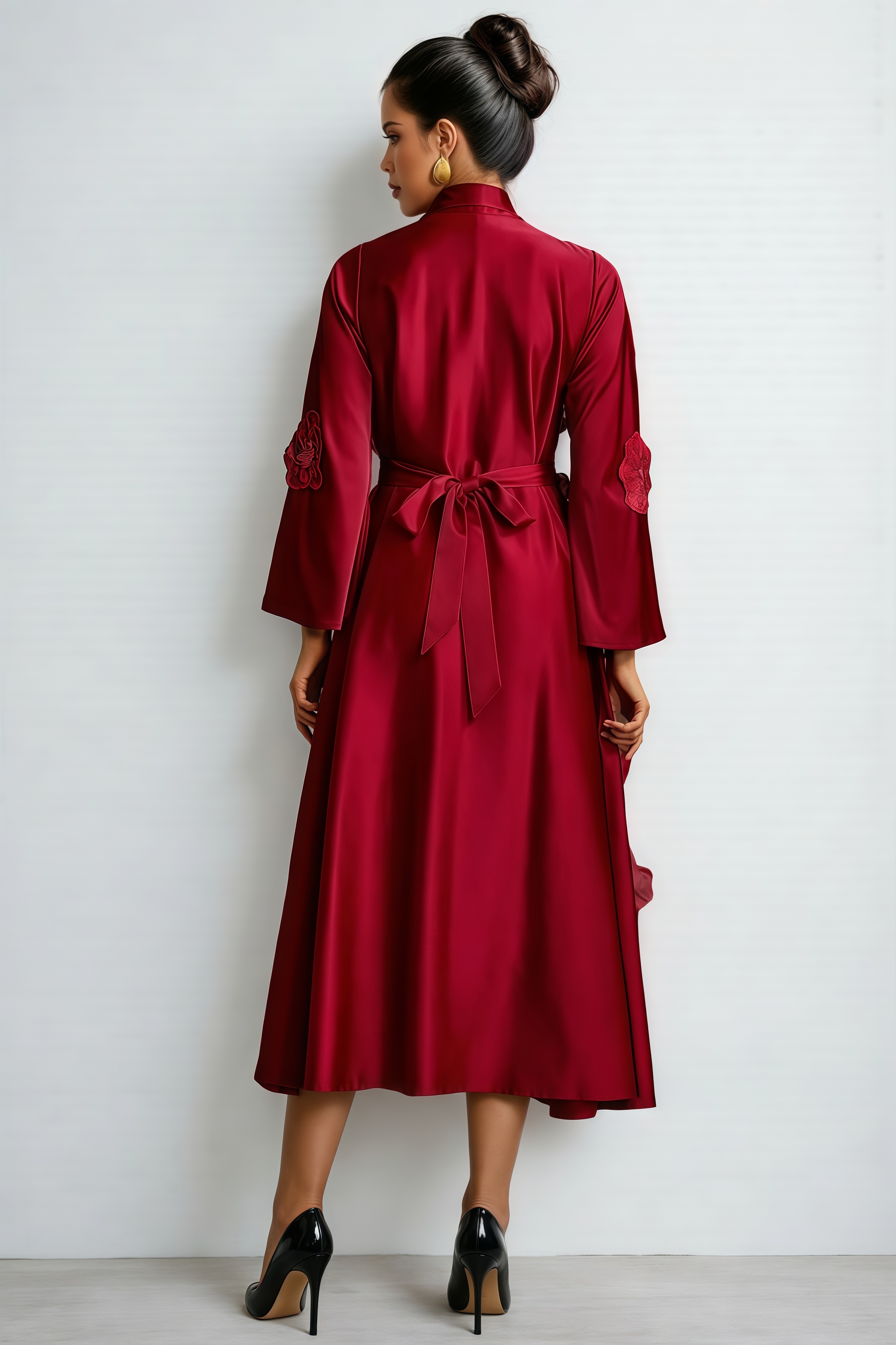 Eckhart Red Tie Up Flower Satin Maxi Dress