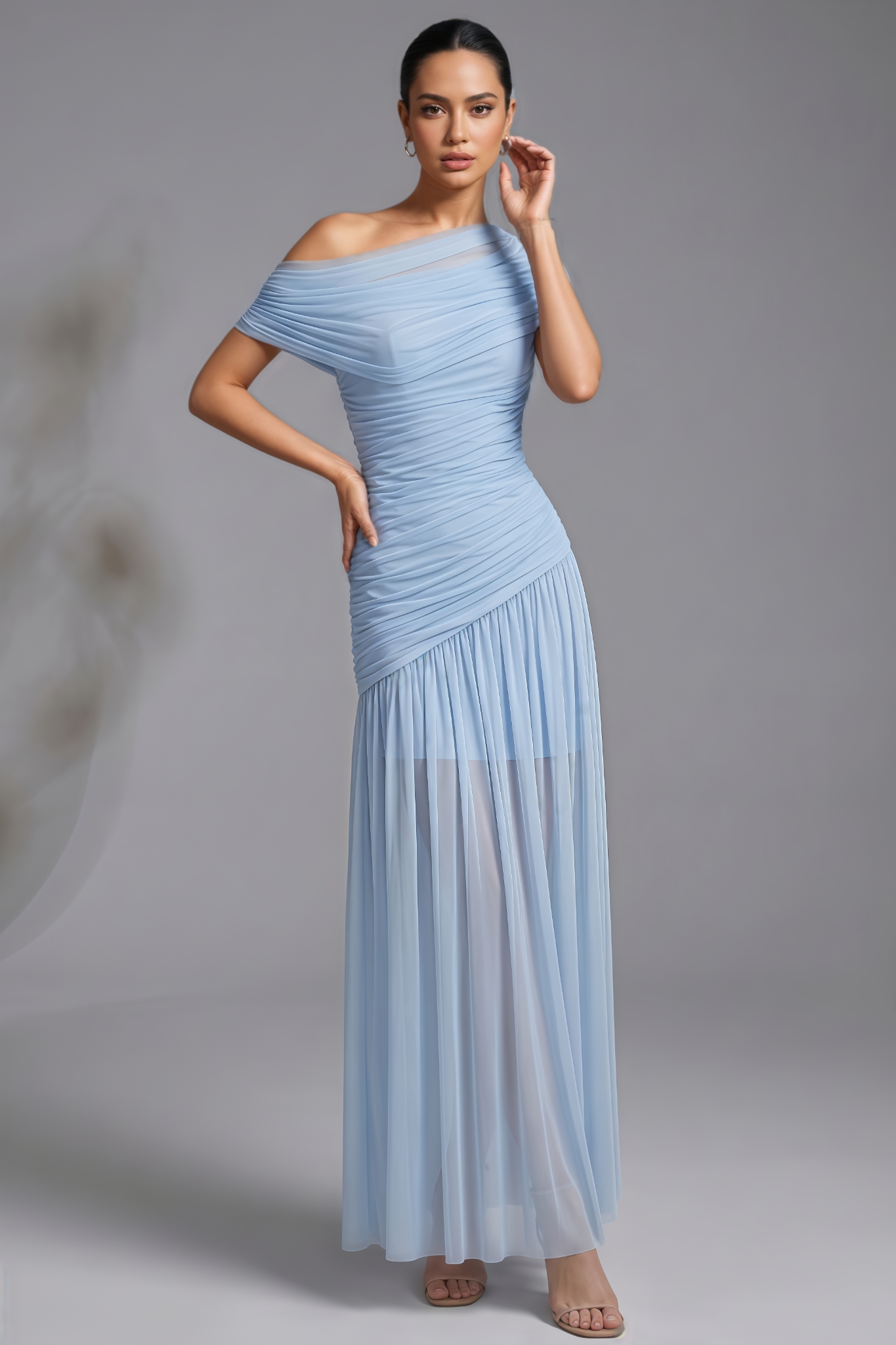 Etity Blue Slanted Shoulder Mesh Maxi Dress