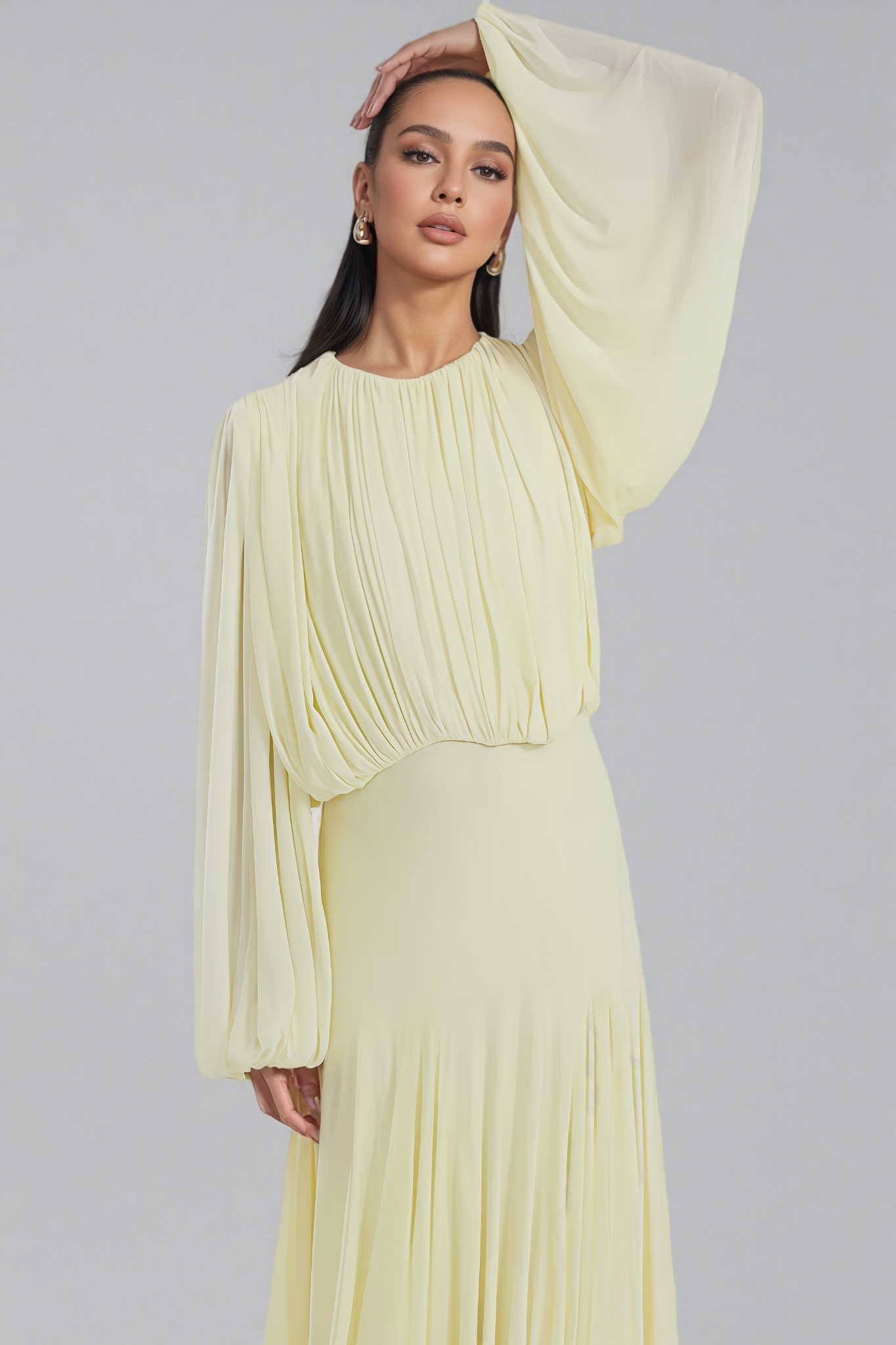 Hiron Yellow Round Neck Pleated Maxi Dress