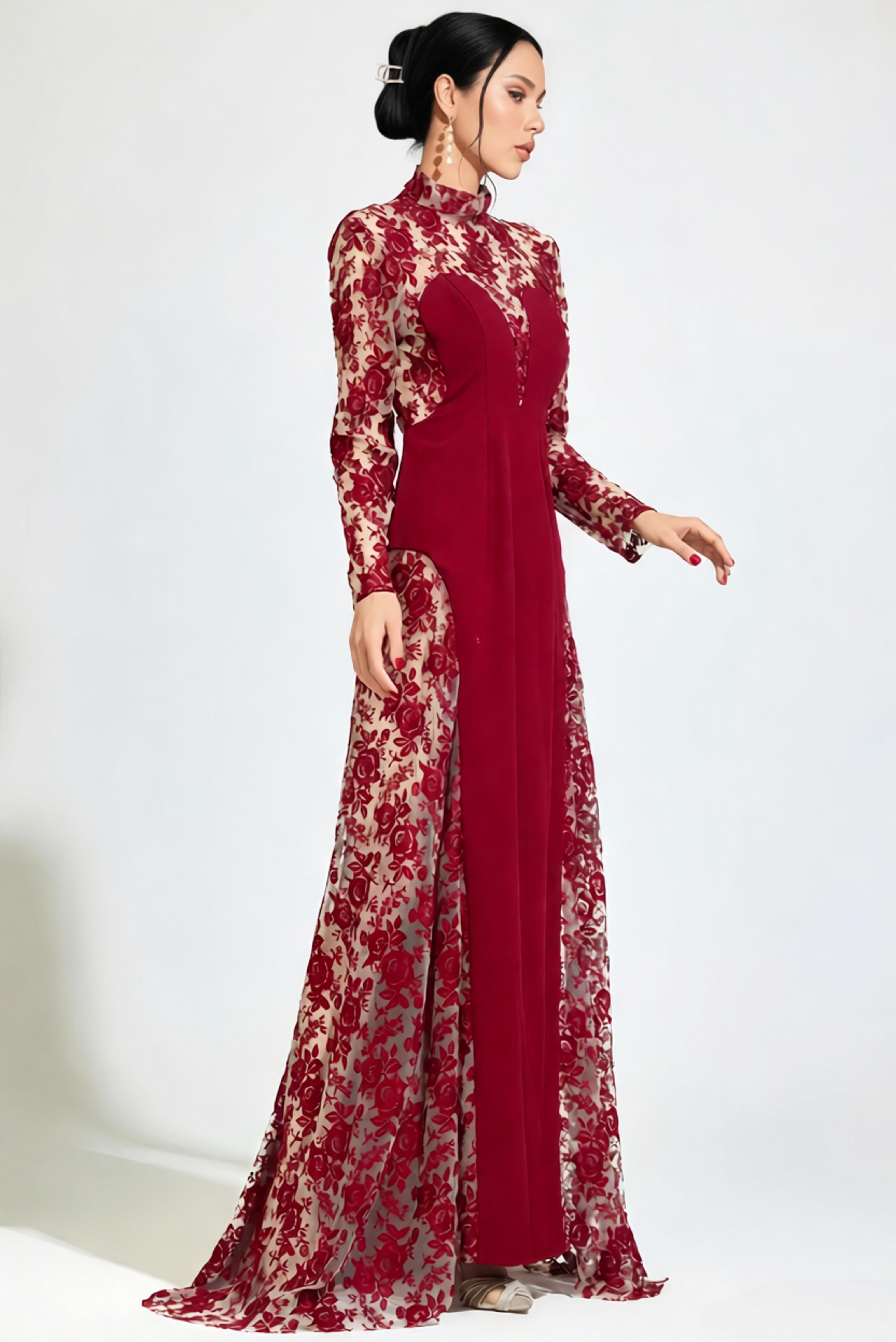 Sylar Red Embroidered Mesh Maxi Dress