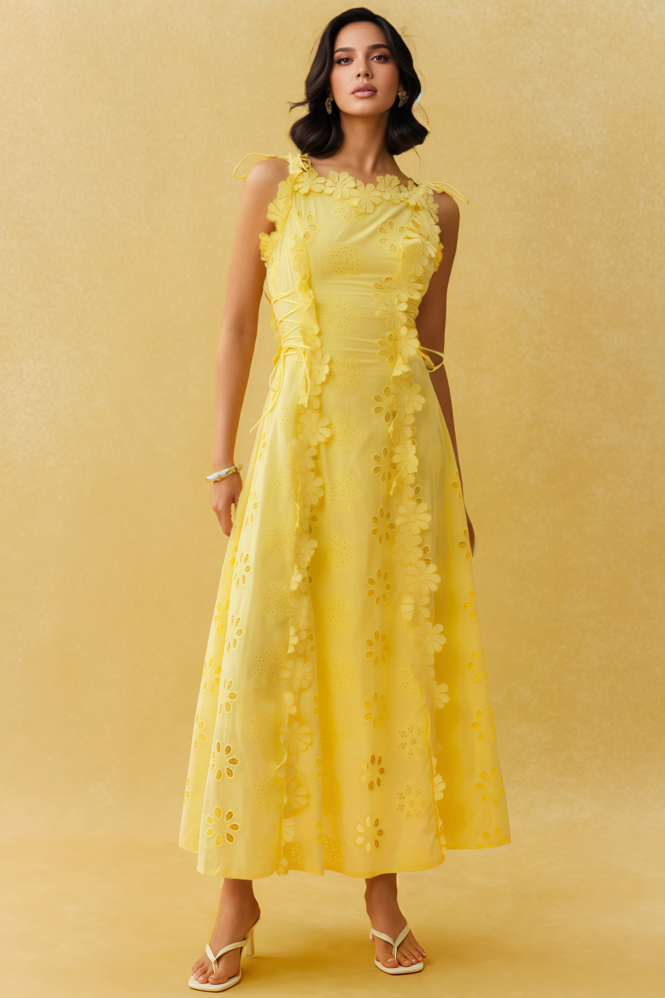 Celypso Yellow 3D Floral Embroidery Maxi Dress