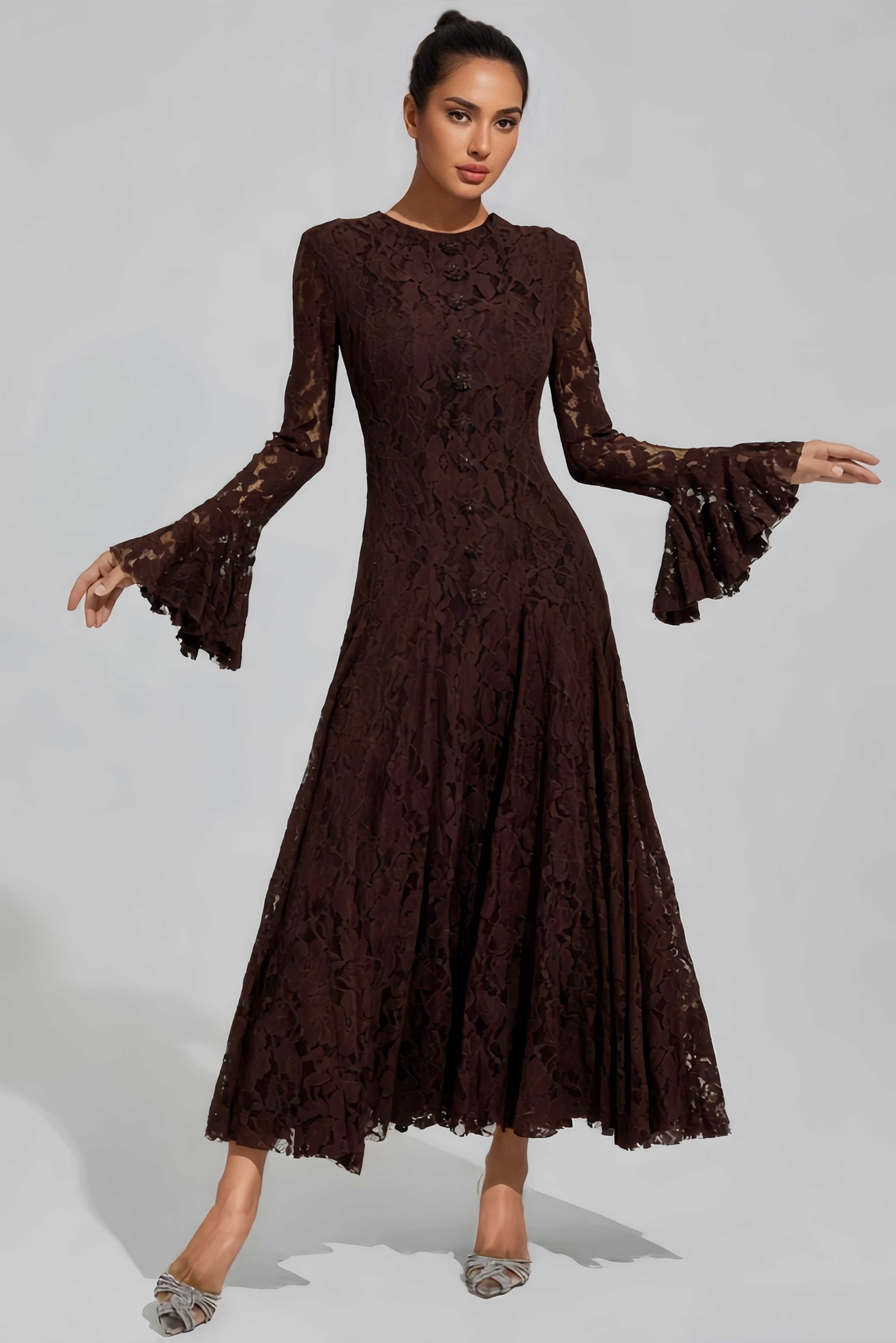 Qelisx Brown Bell Sleeve Lace Maxi Dress
