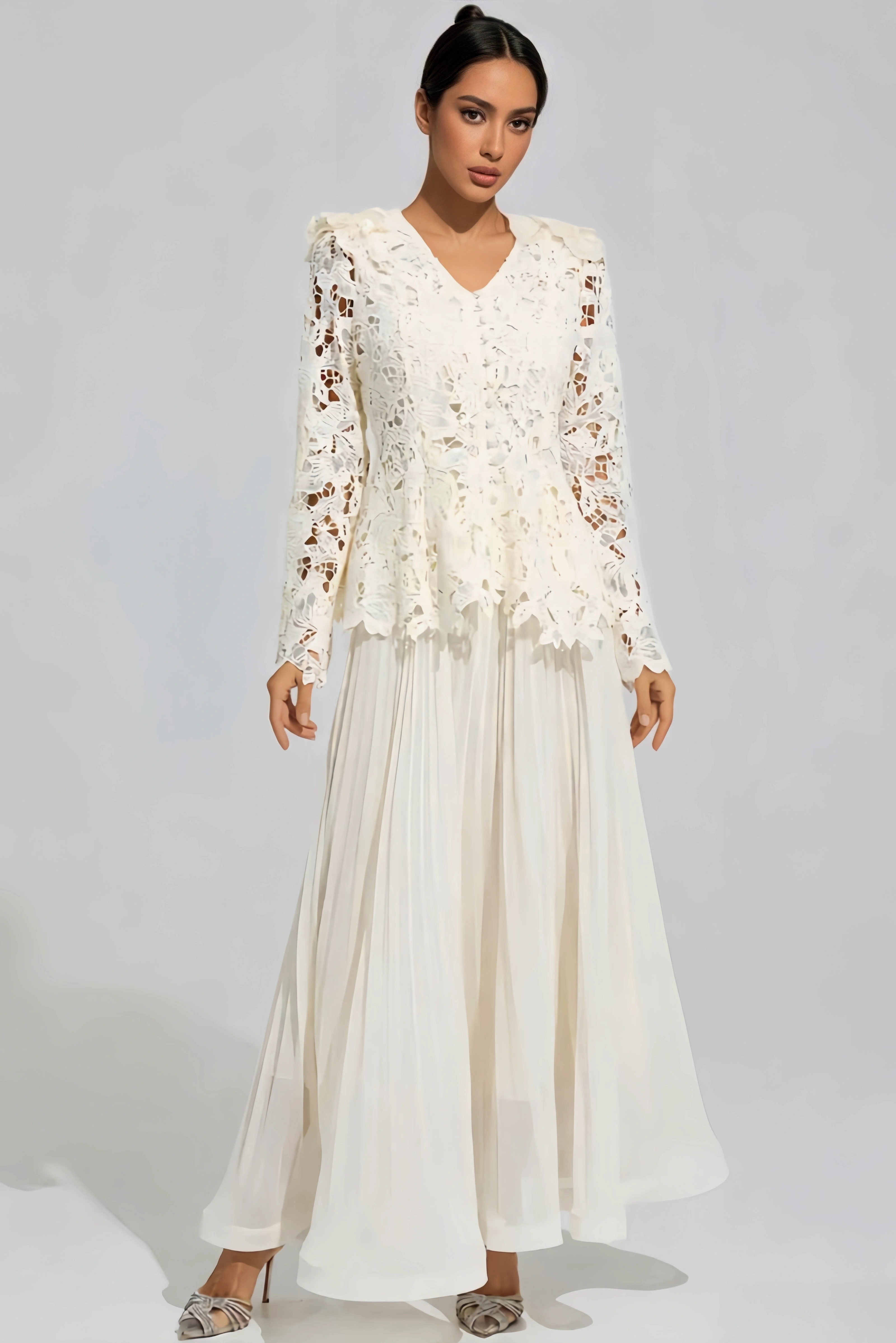 Earn Beige Long Sleeve Lace Maxi Dress Set