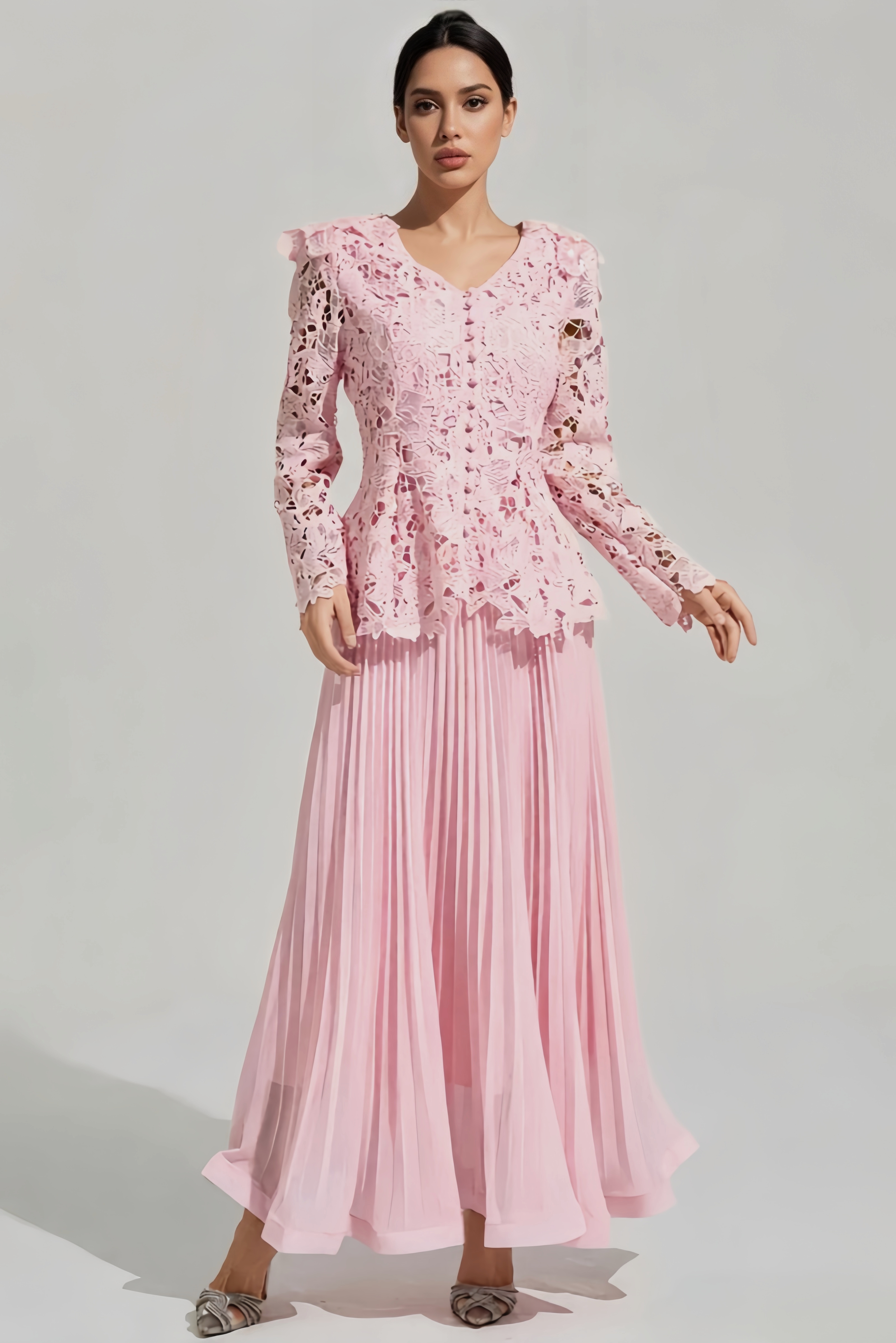 Dovik Pink Long Sleeve Lace Maxi Dress Set