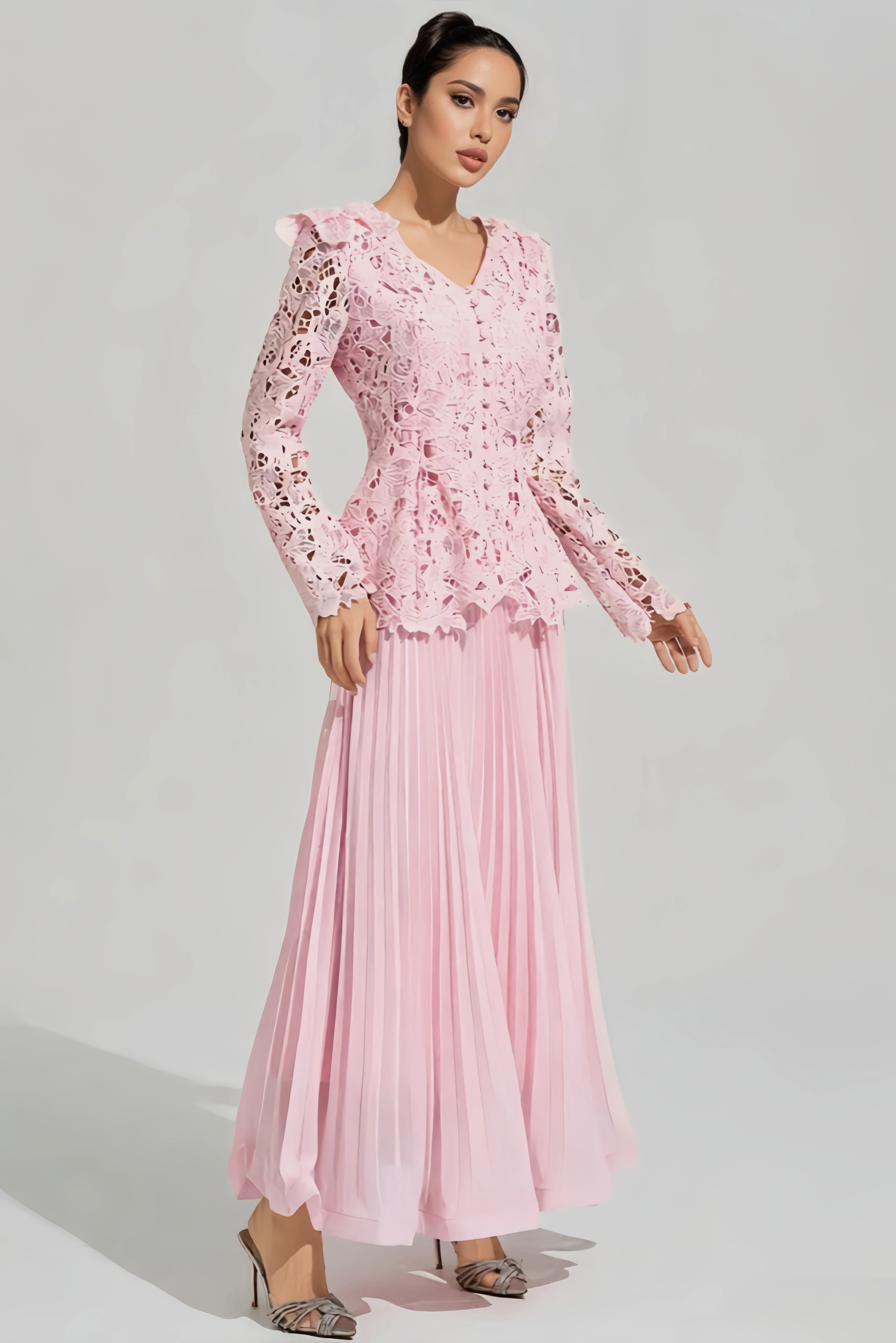 Dovik Pink Long Sleeve Lace Maxi Dress Set
