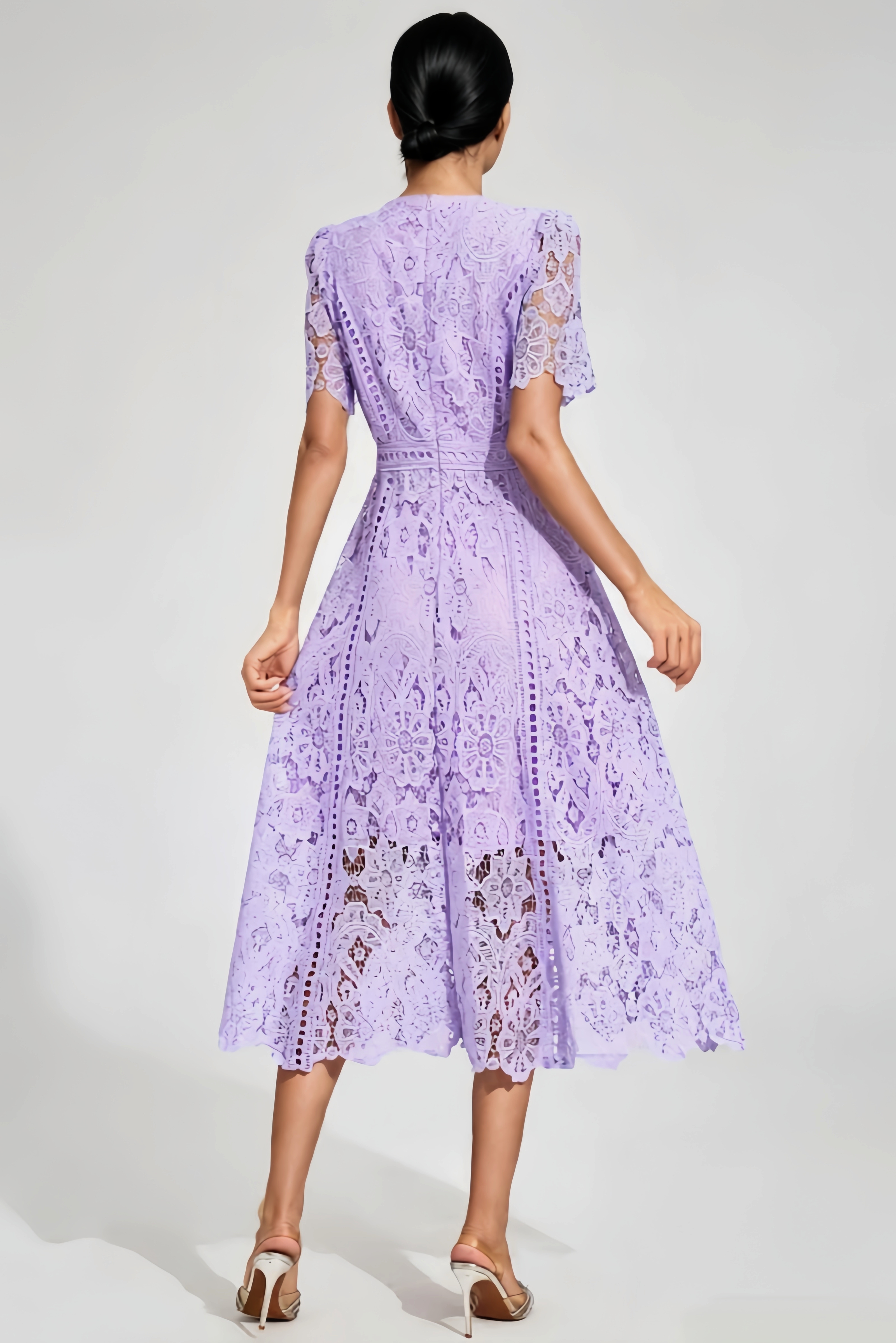 Keran Purple Short Sleeve Lace Cut Out Midi Dress