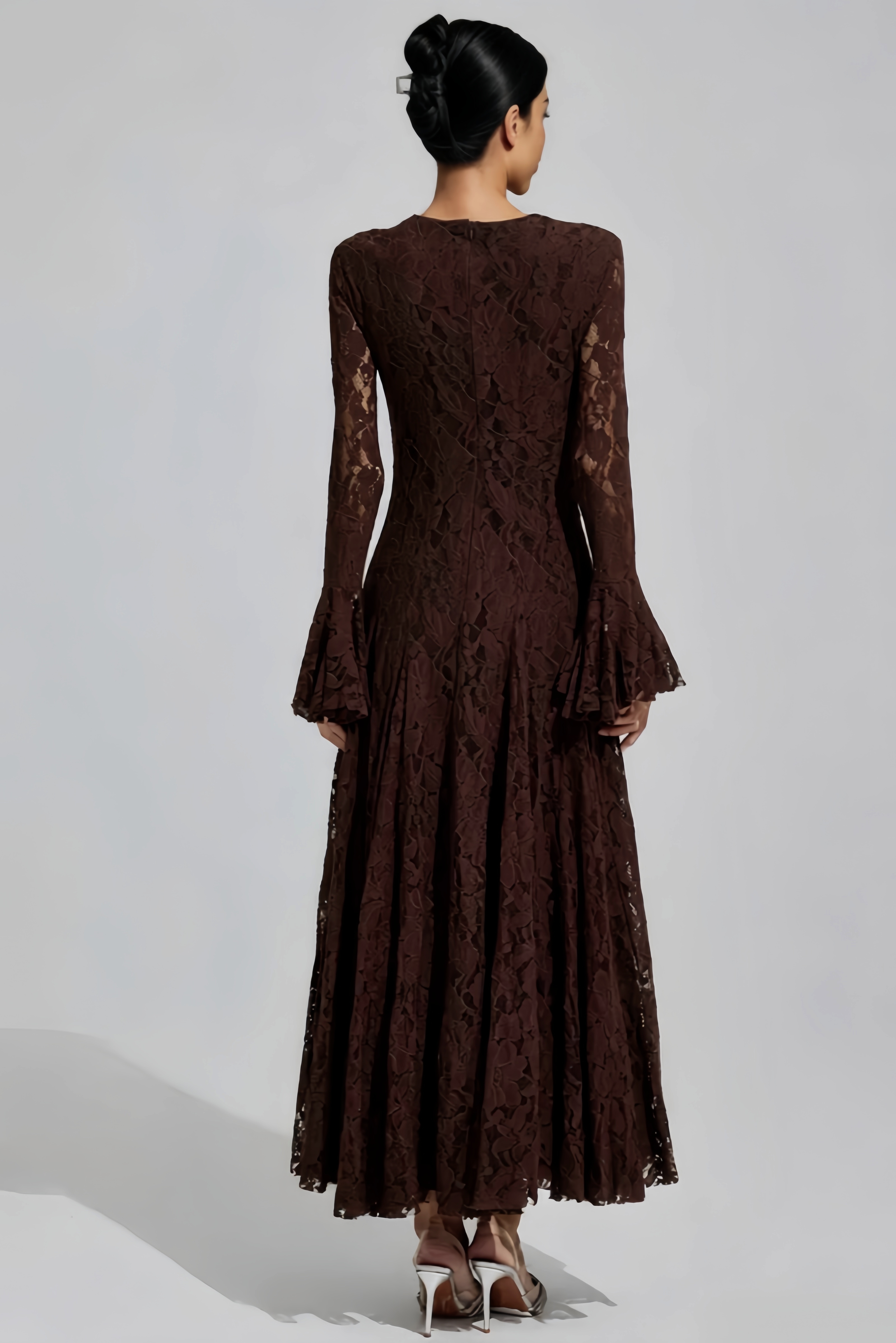 Qelisx Brown Bell Sleeve Lace Maxi Dress