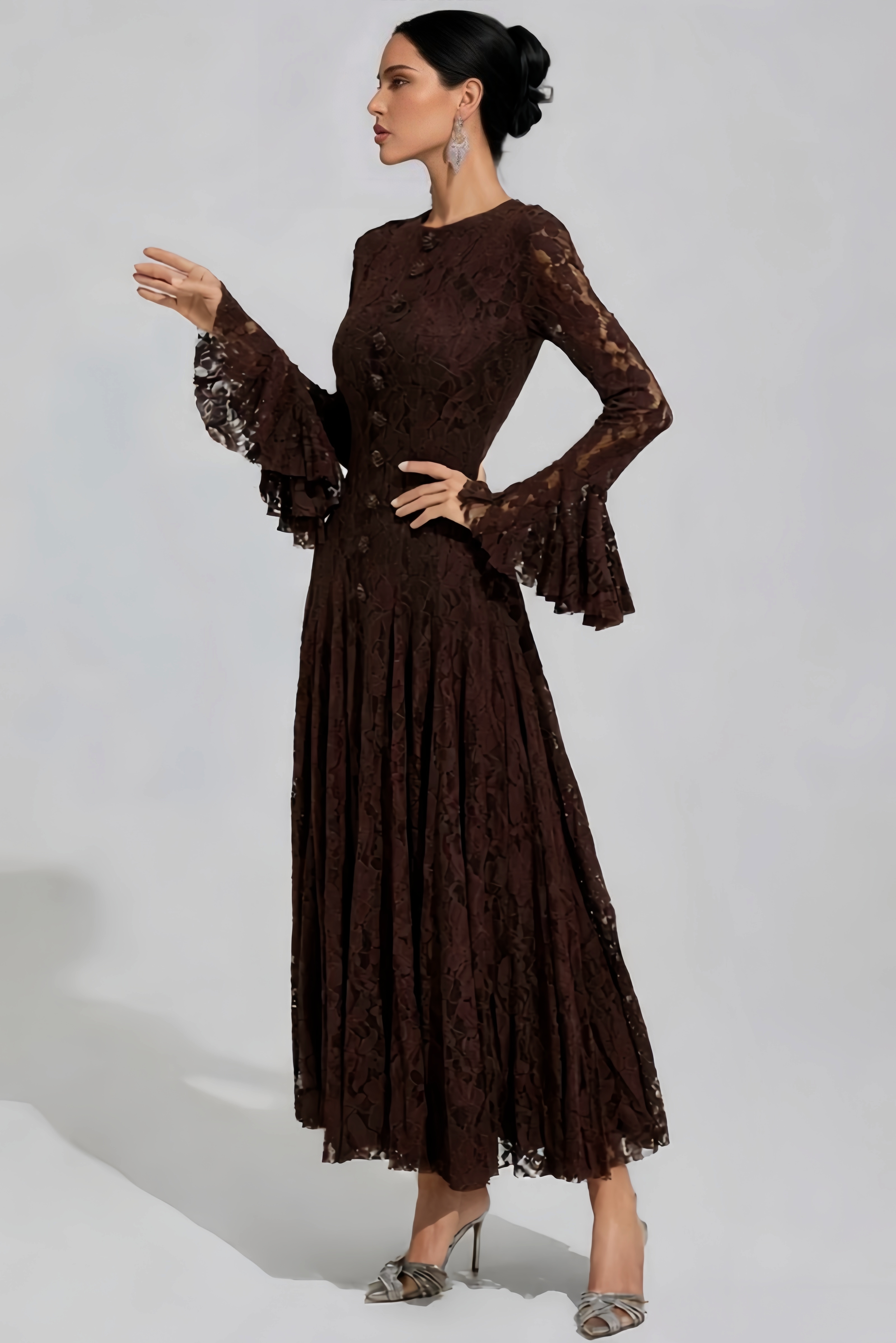 Qelisx Brown Bell Sleeve Lace Maxi Dress