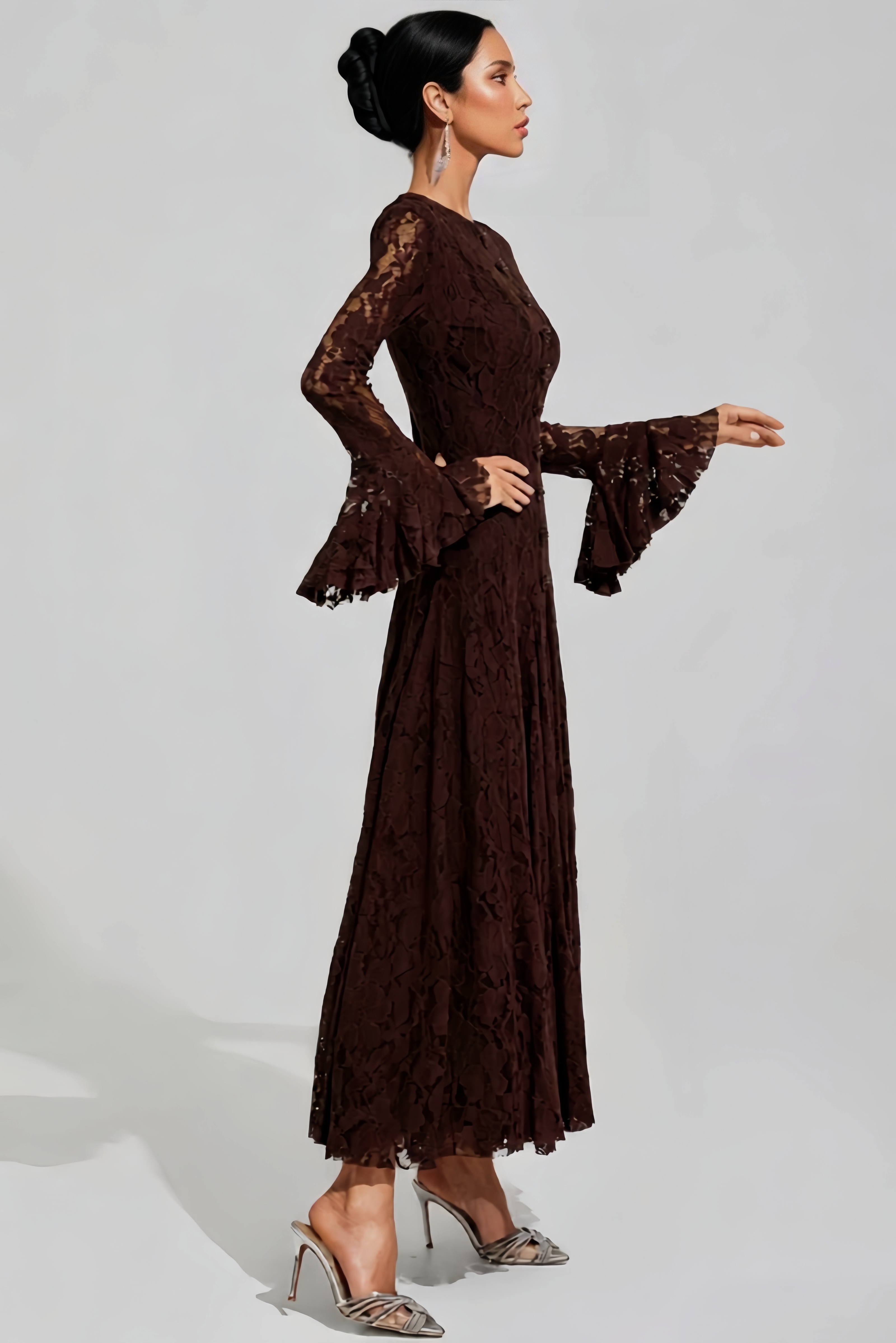 Qelisx Brown Bell Sleeve Lace Maxi Dress