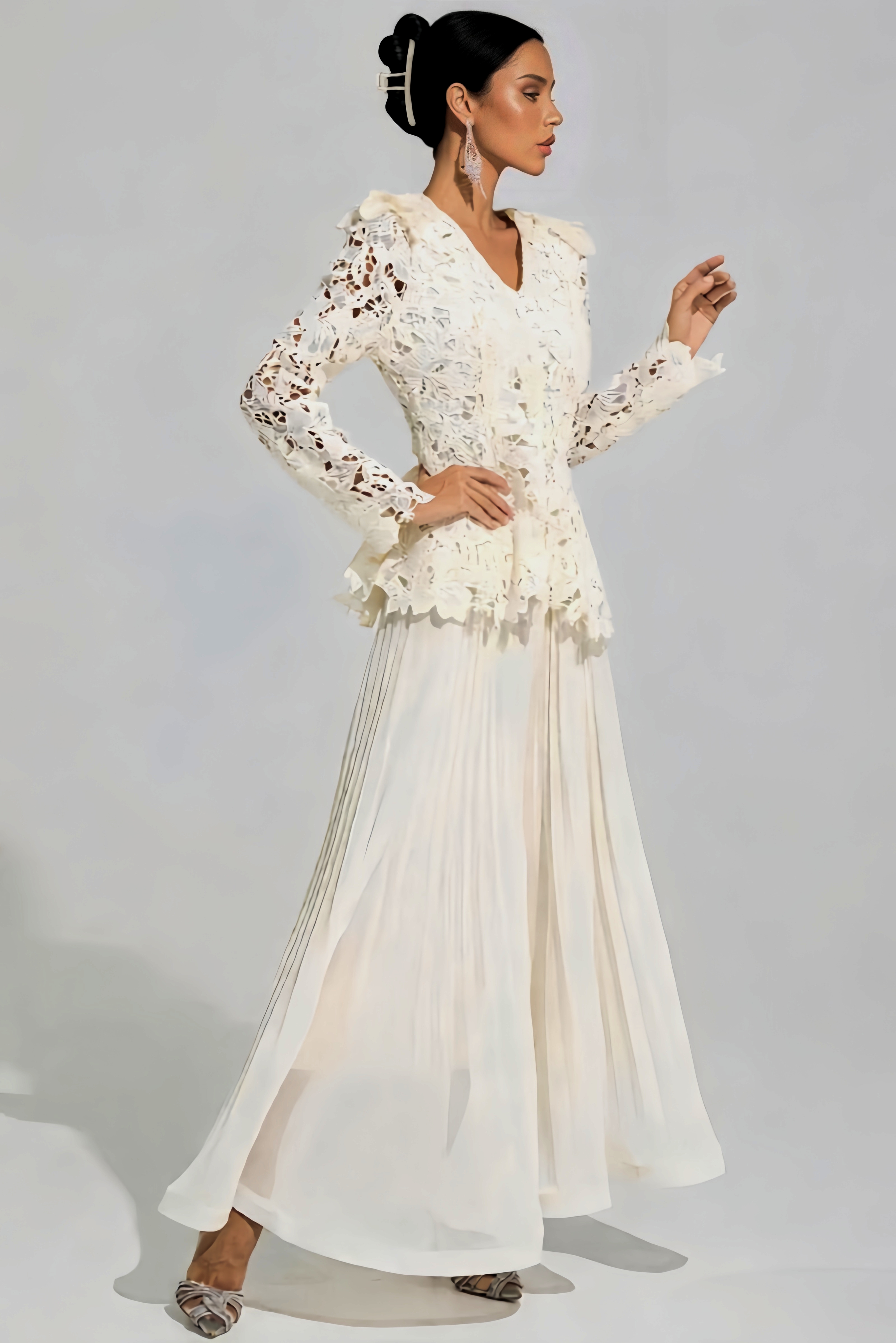 Earn Beige Long Sleeve Lace Maxi Dress Set