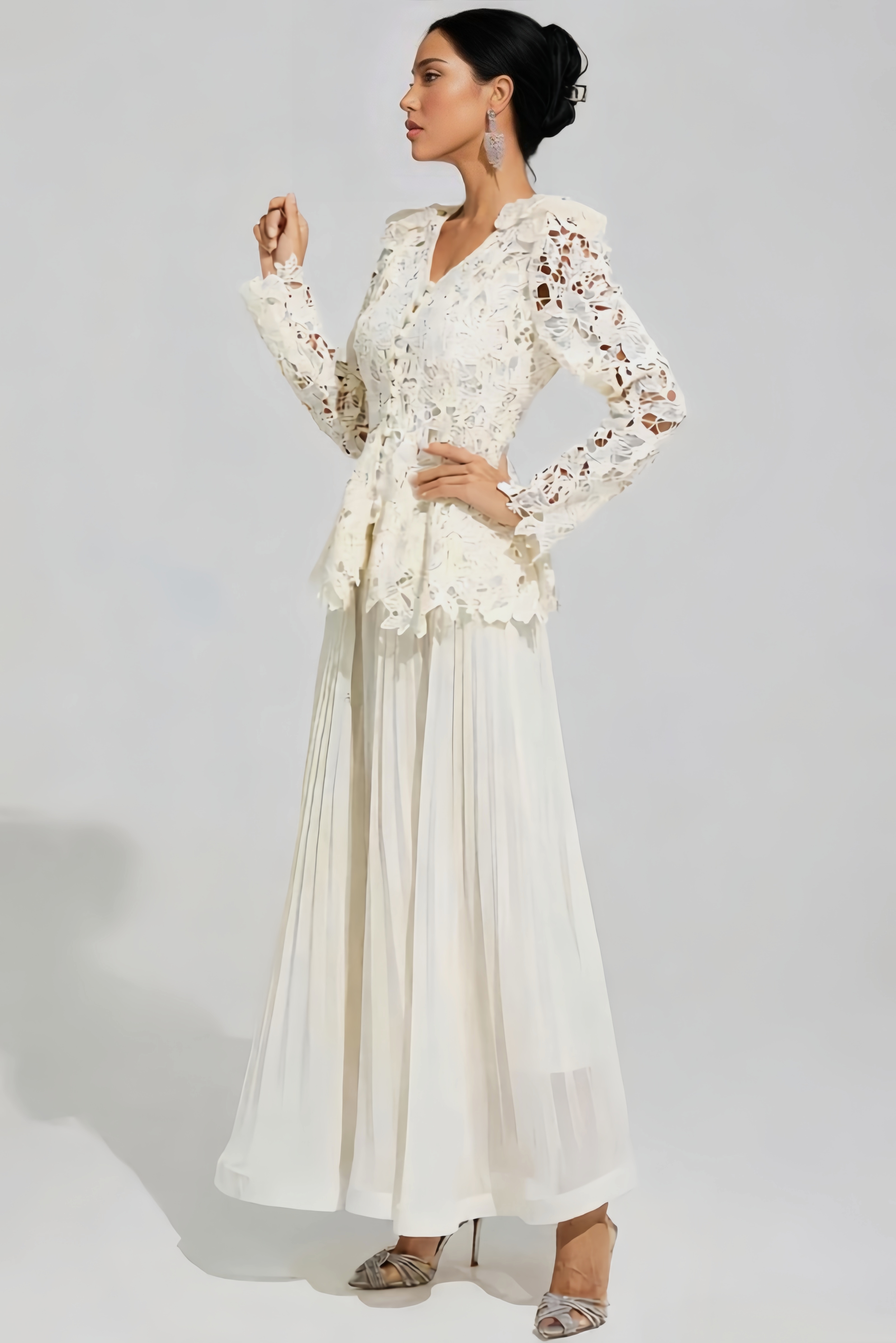 Earn Beige Long Sleeve Lace Maxi Dress Set