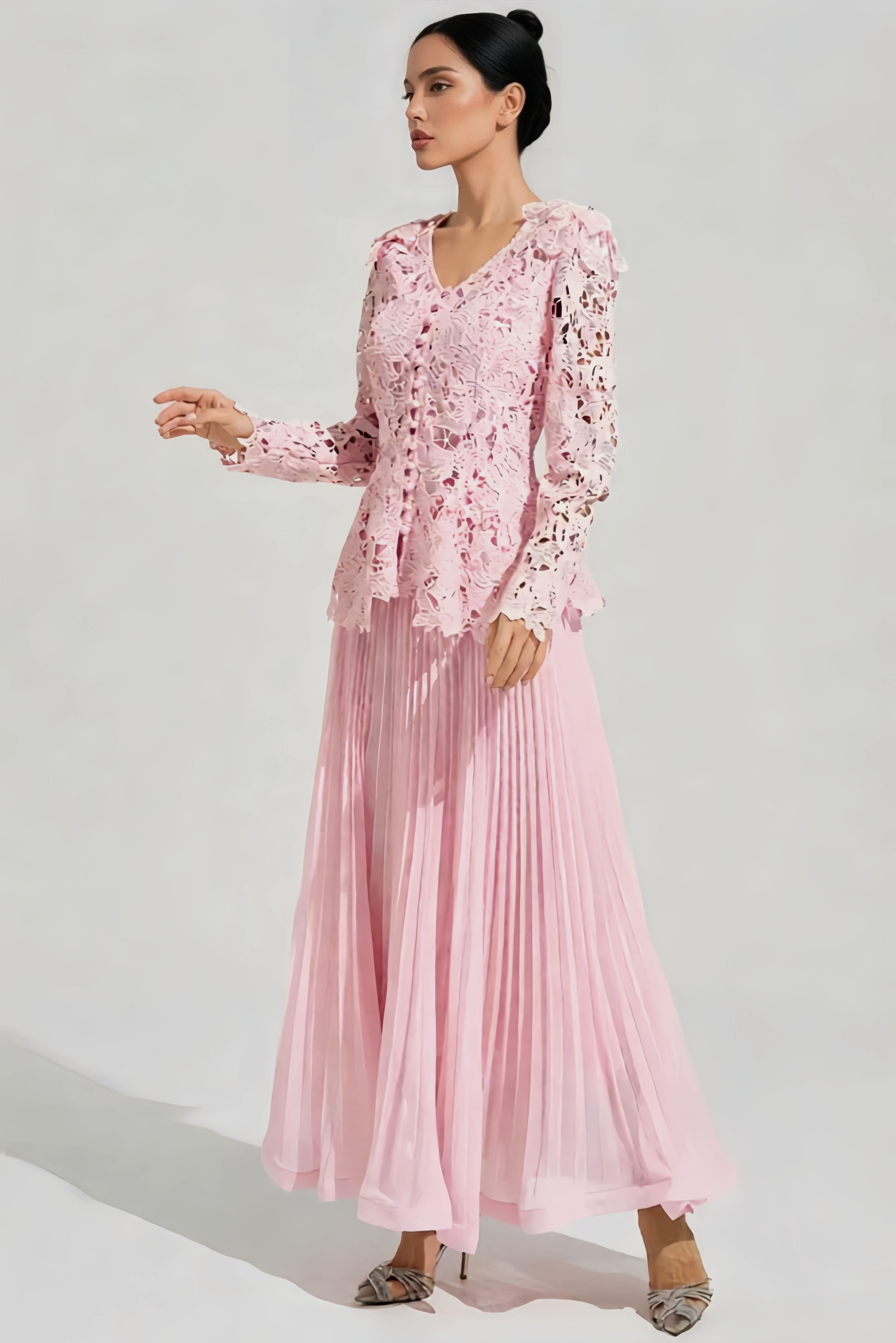 Dovik Pink Long Sleeve Lace Maxi Dress Set