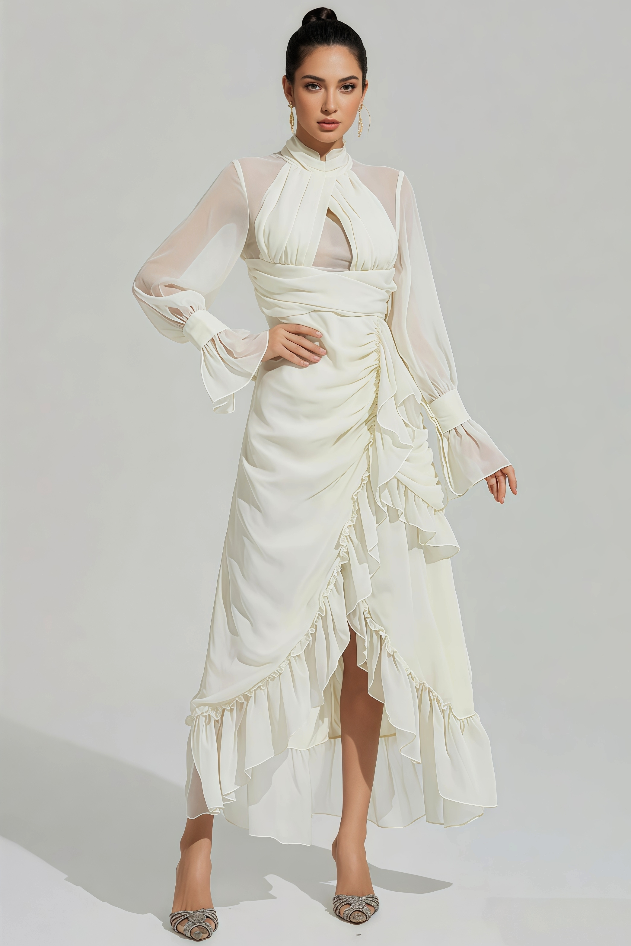 Rlvar Beige Long Sleeve Ruffle Slit Maxi Dress