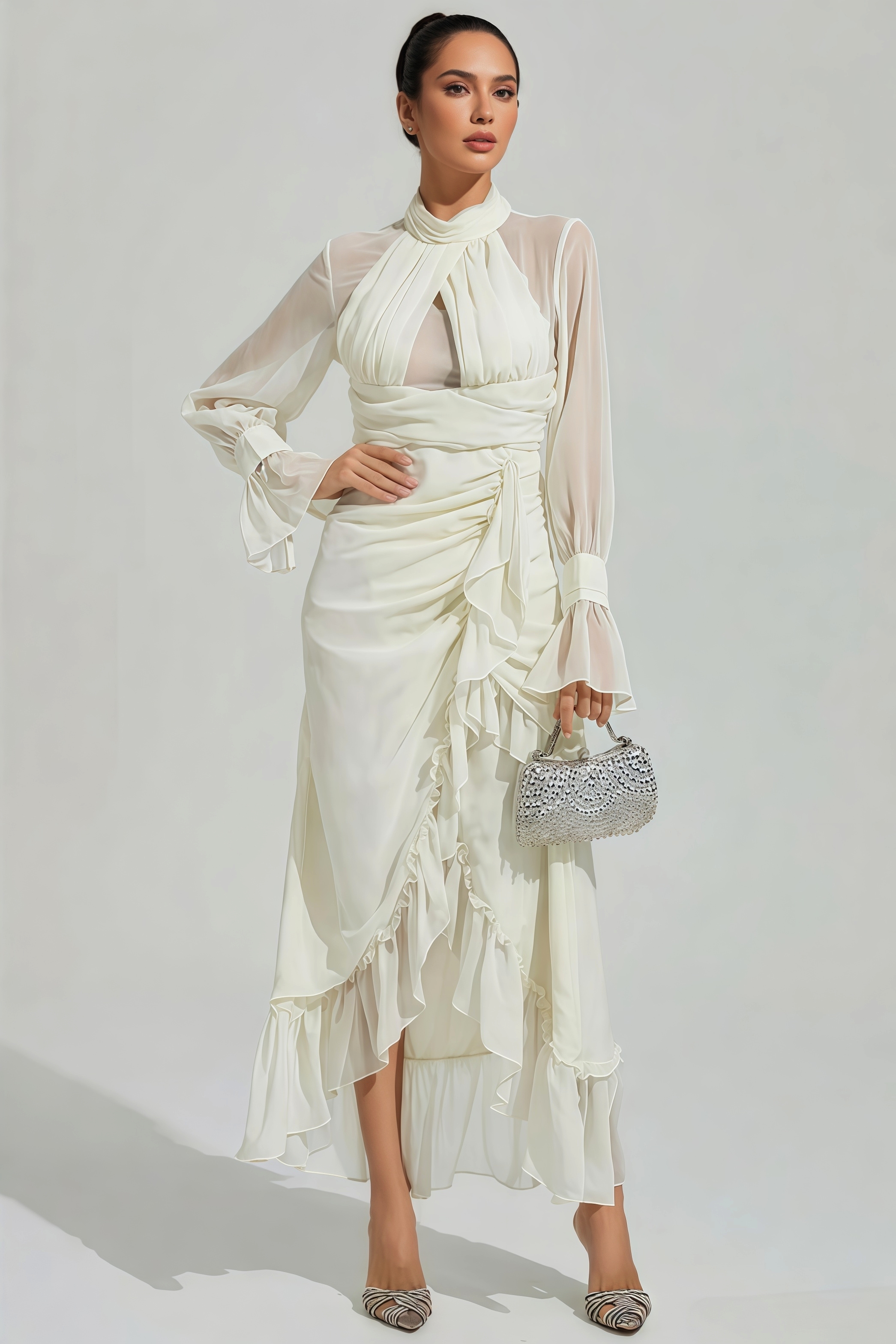 Rlvar Beige Long Sleeve Ruffle Slit Maxi Dress