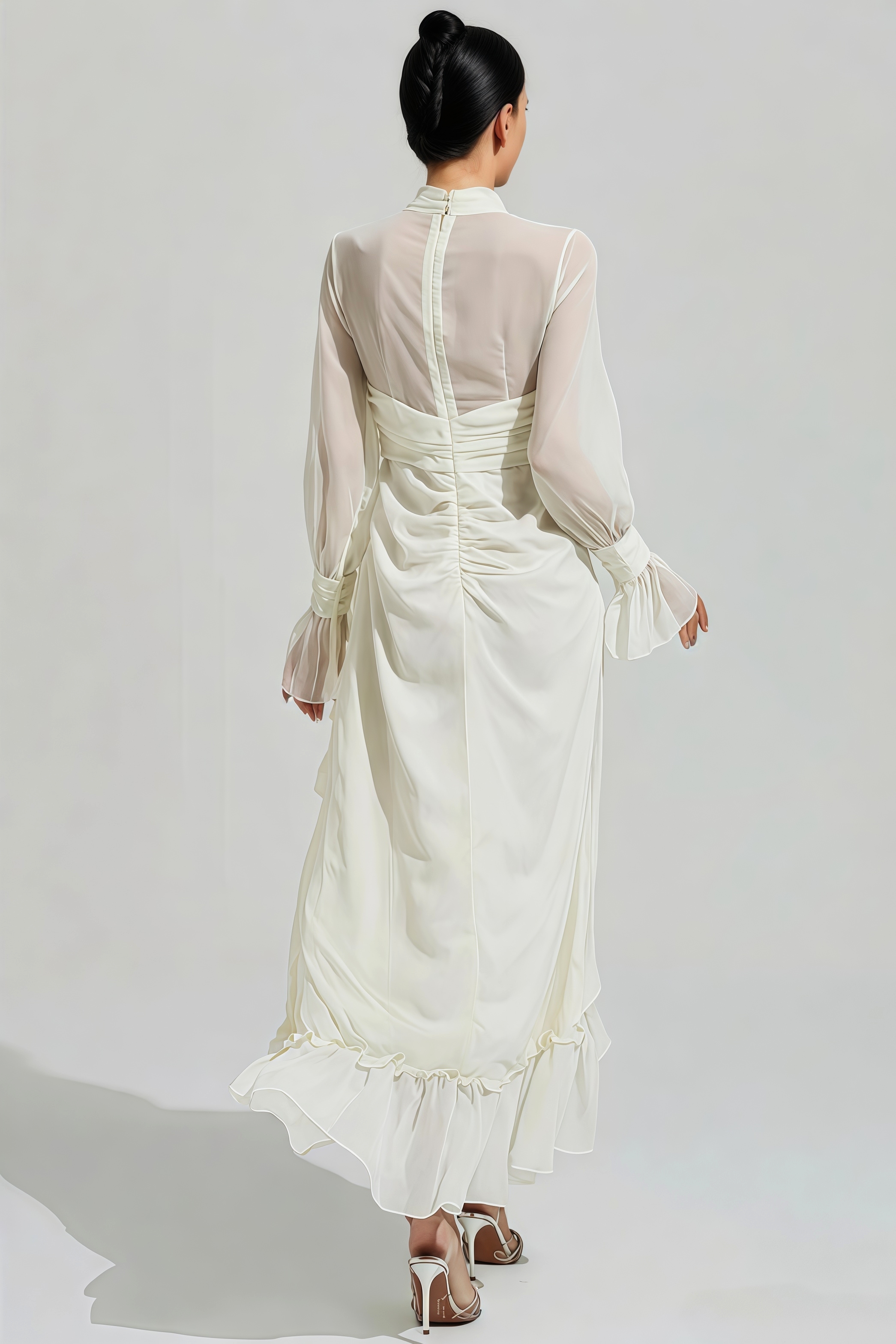 Rlvar Beige Long Sleeve Ruffle Slit Maxi Dress
