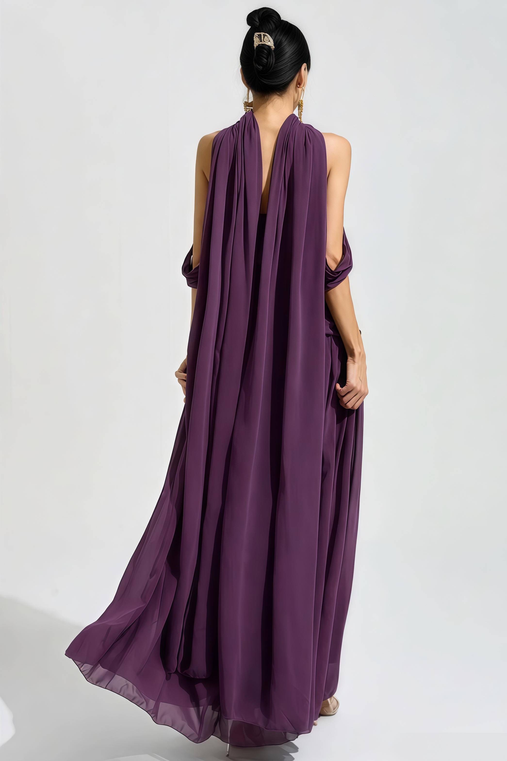 Lyraen Purple Off The Shoulder Draped Maxi Dress