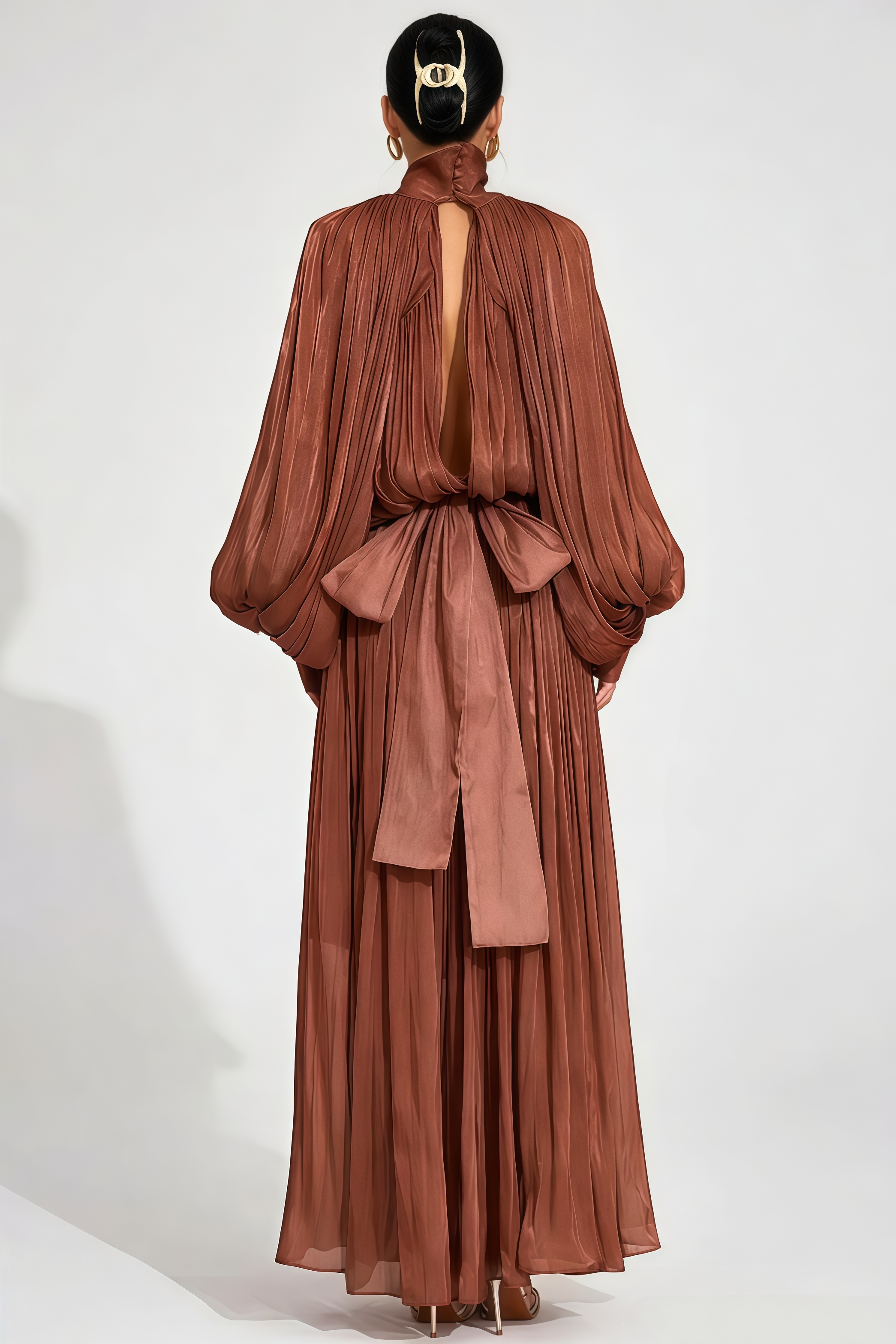 Rayraen Brown Long Sleeve Draped Maxi Dress