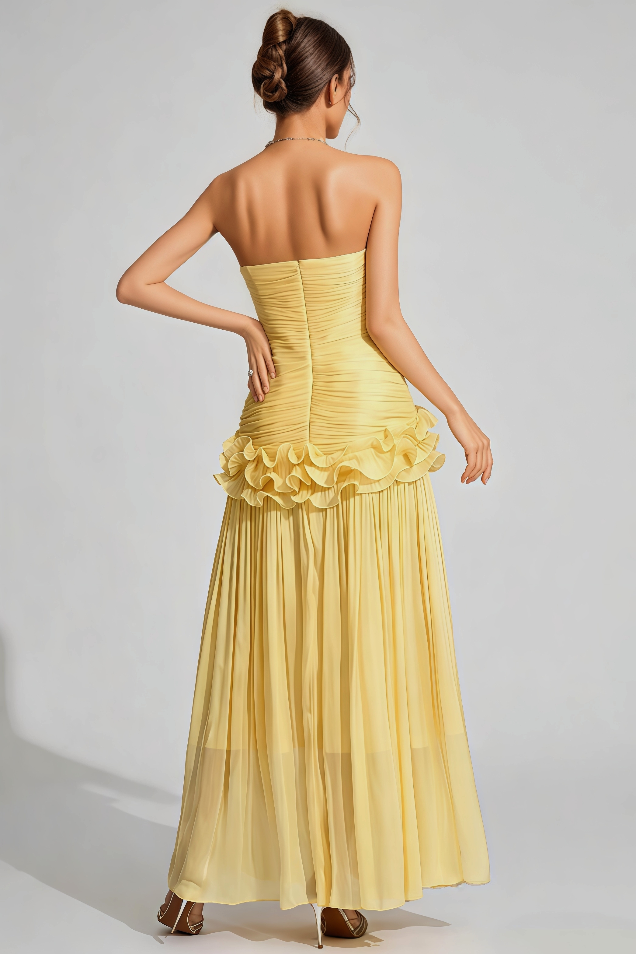 Vaire Yellow Strapless Ruffled Maxi Dress