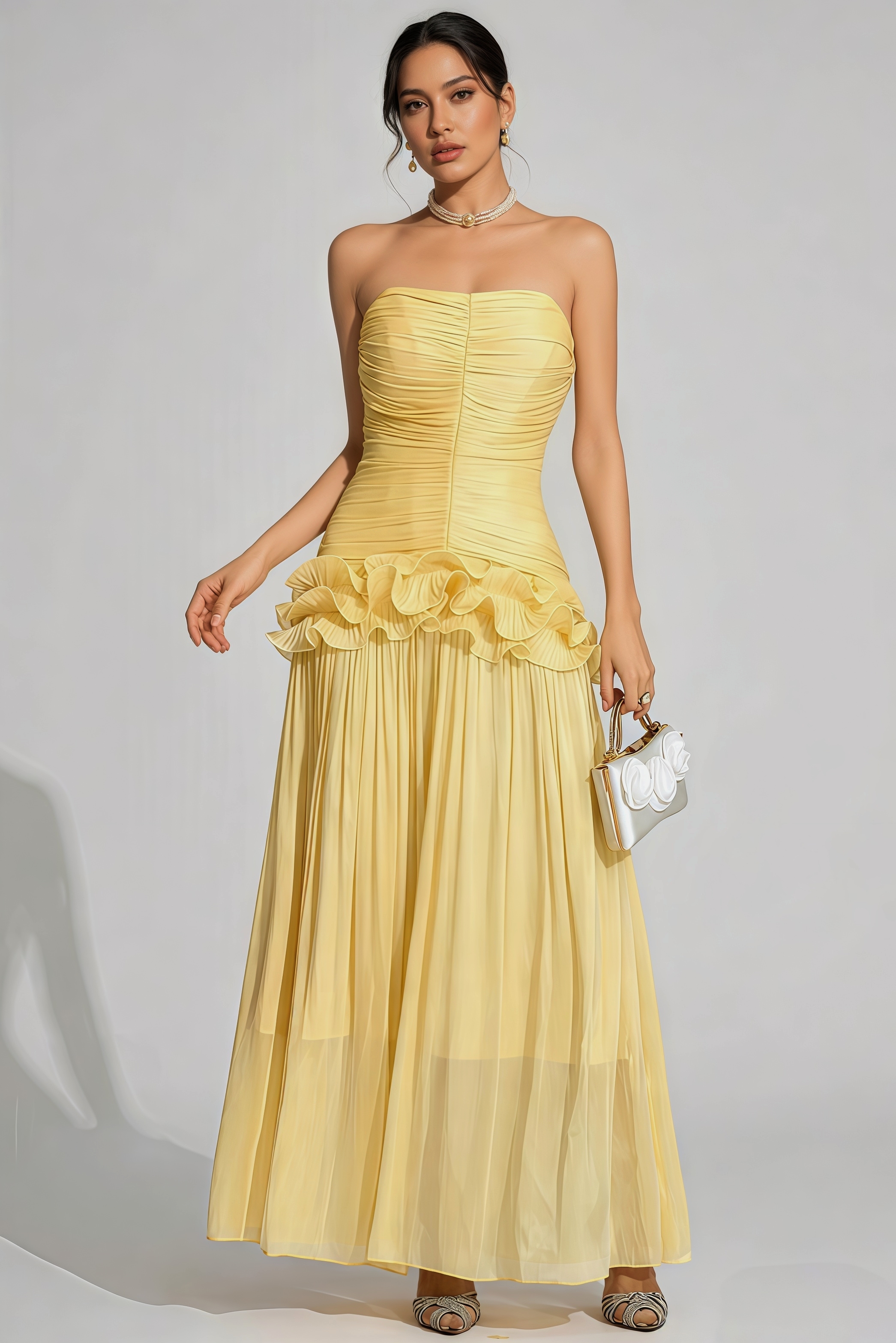 Vaire Yellow Strapless Ruffled Maxi Dress