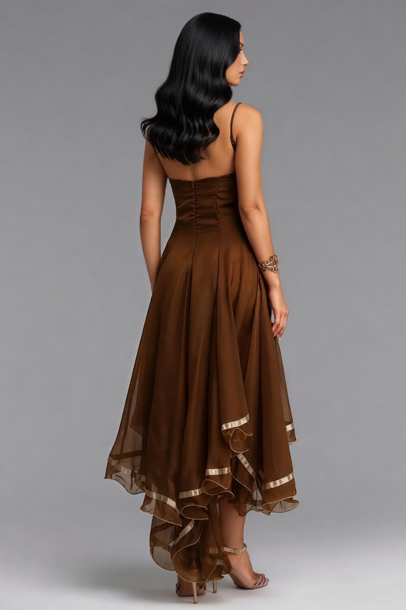 Fonnor Brown Halter Tulle Maxi Dress
