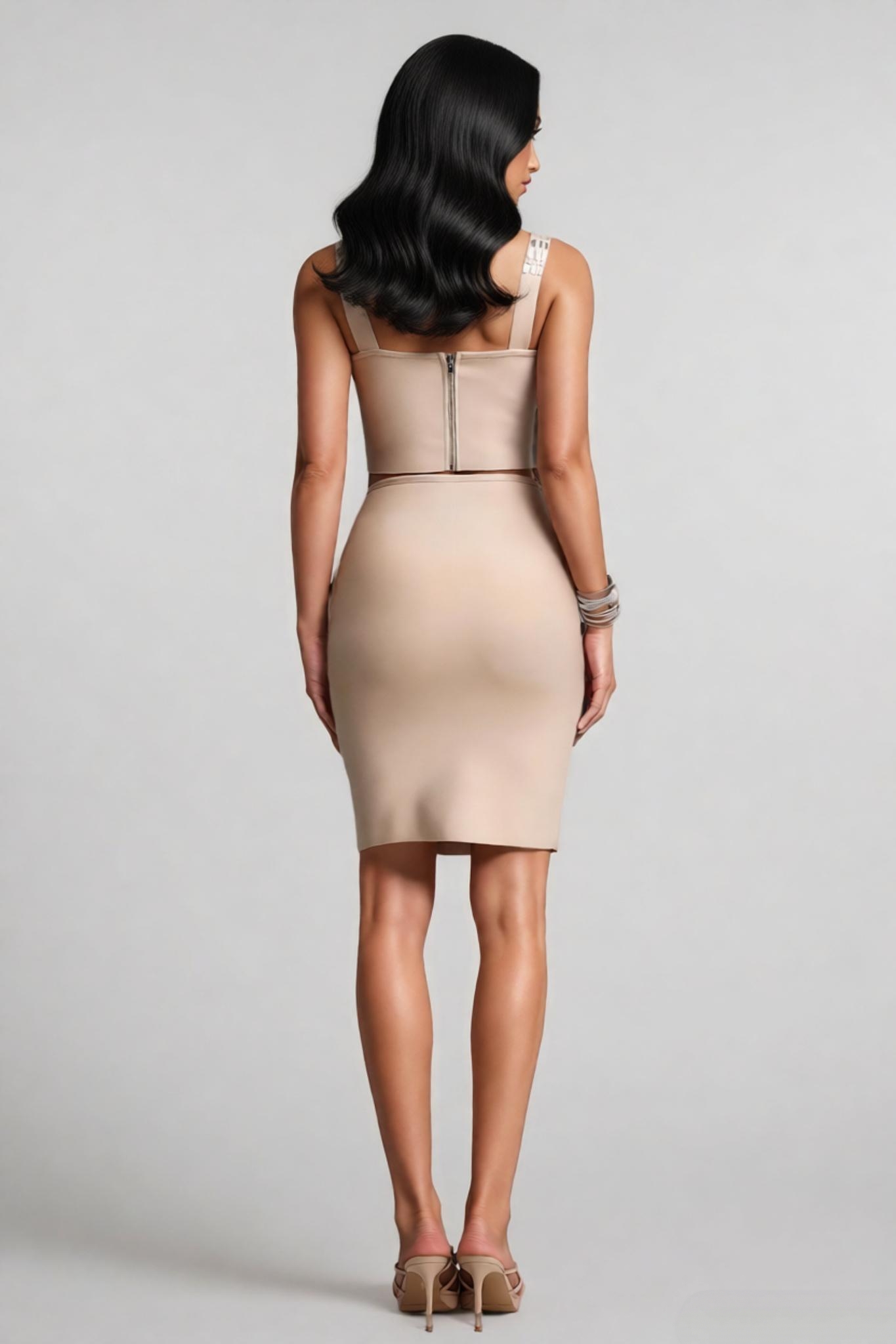 Bameron Beige Rhinestone Bandage Mini Dress Set