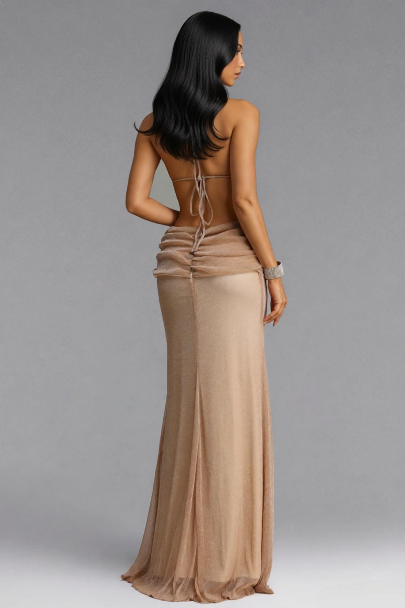 Bdrian Khaki Halter Neck Maxi Dress