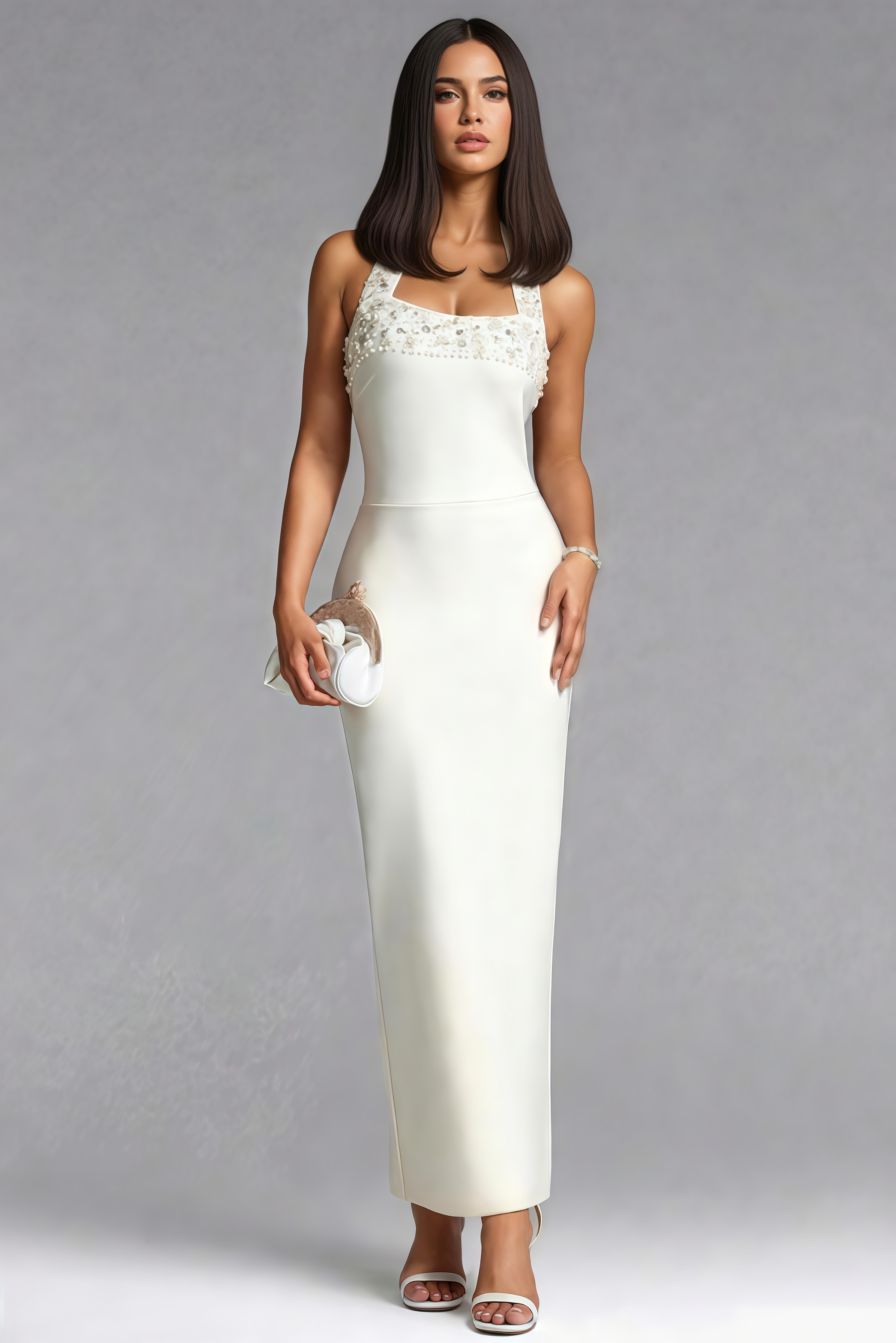 Wvery Halter Neck Pearl Rhinestone Bandage Maxi Dress