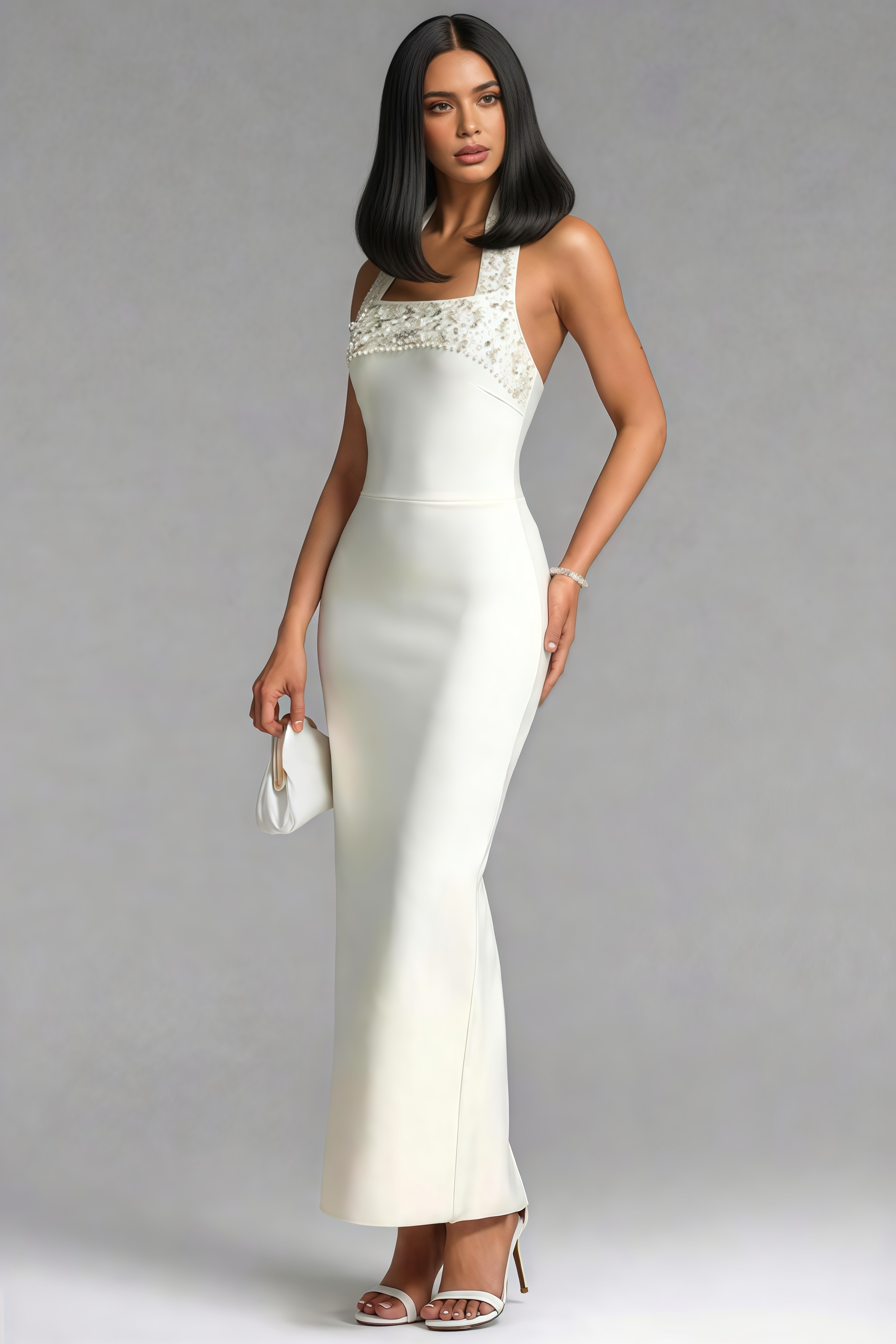 Wvery Halter Neck Pearl Rhinestone Bandage Maxi Dress