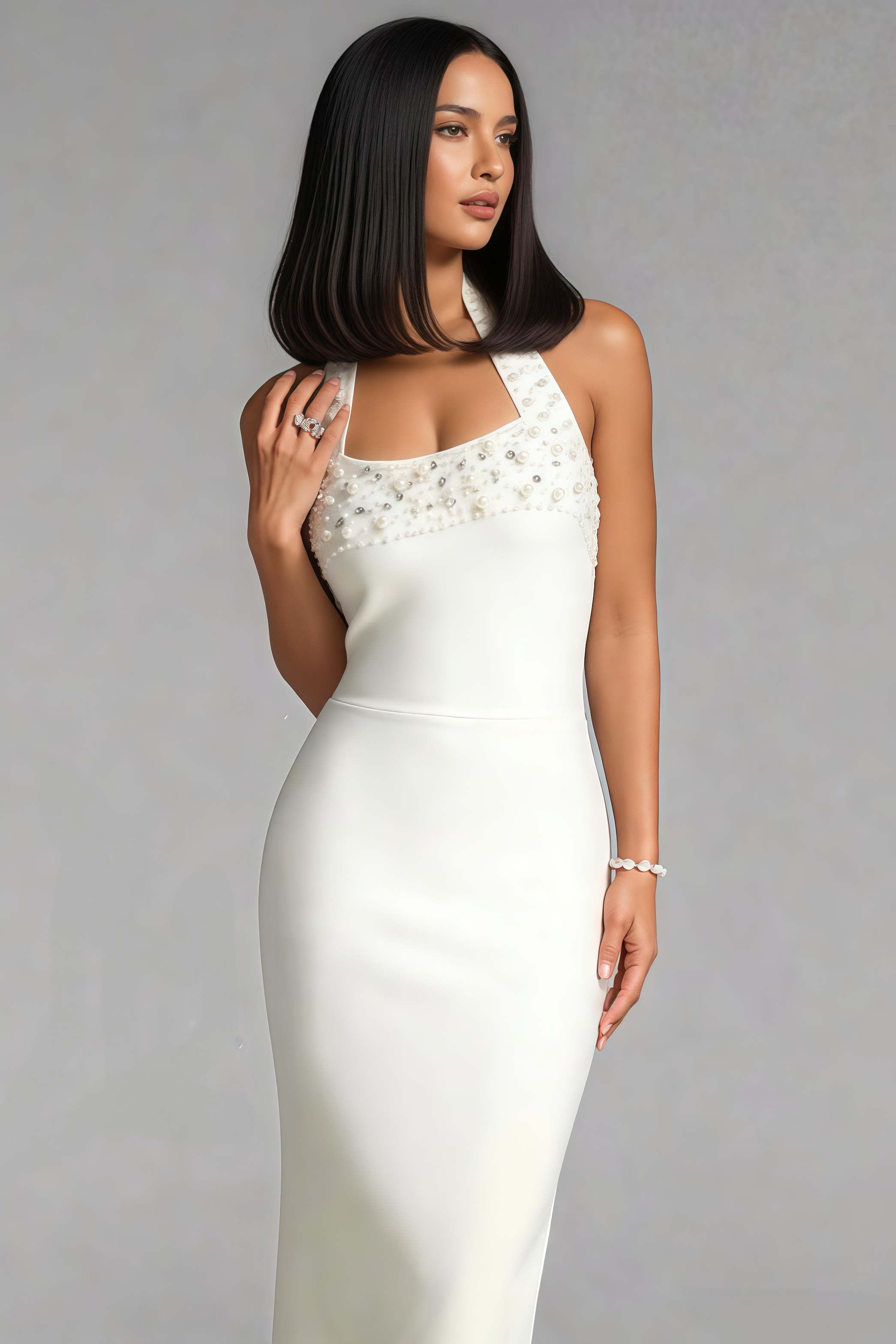 Wvery Halter Neck Pearl Rhinestone Bandage Maxi Dress