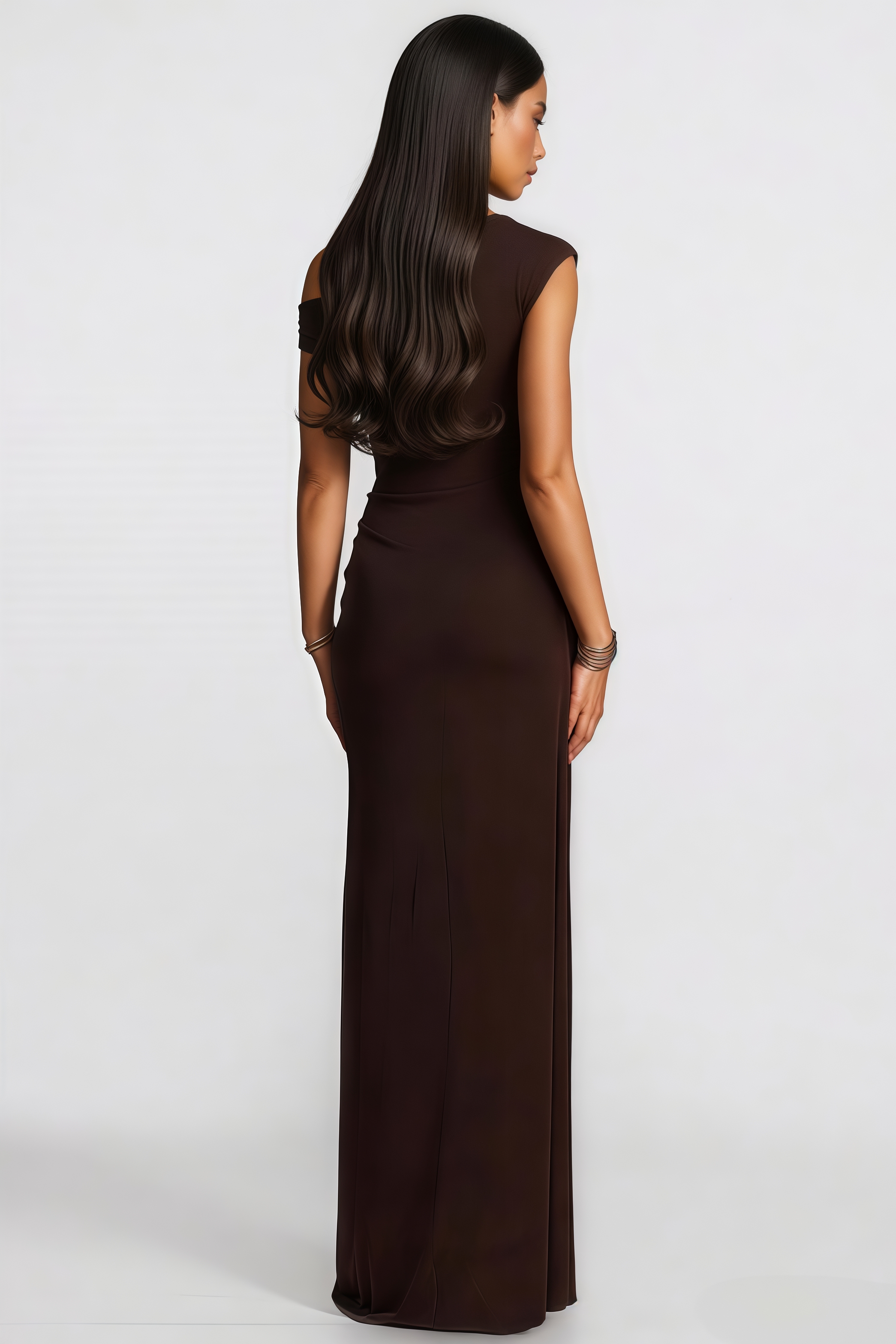 Bavid Brown Slanted Shoulder Ruched Maxi Dress