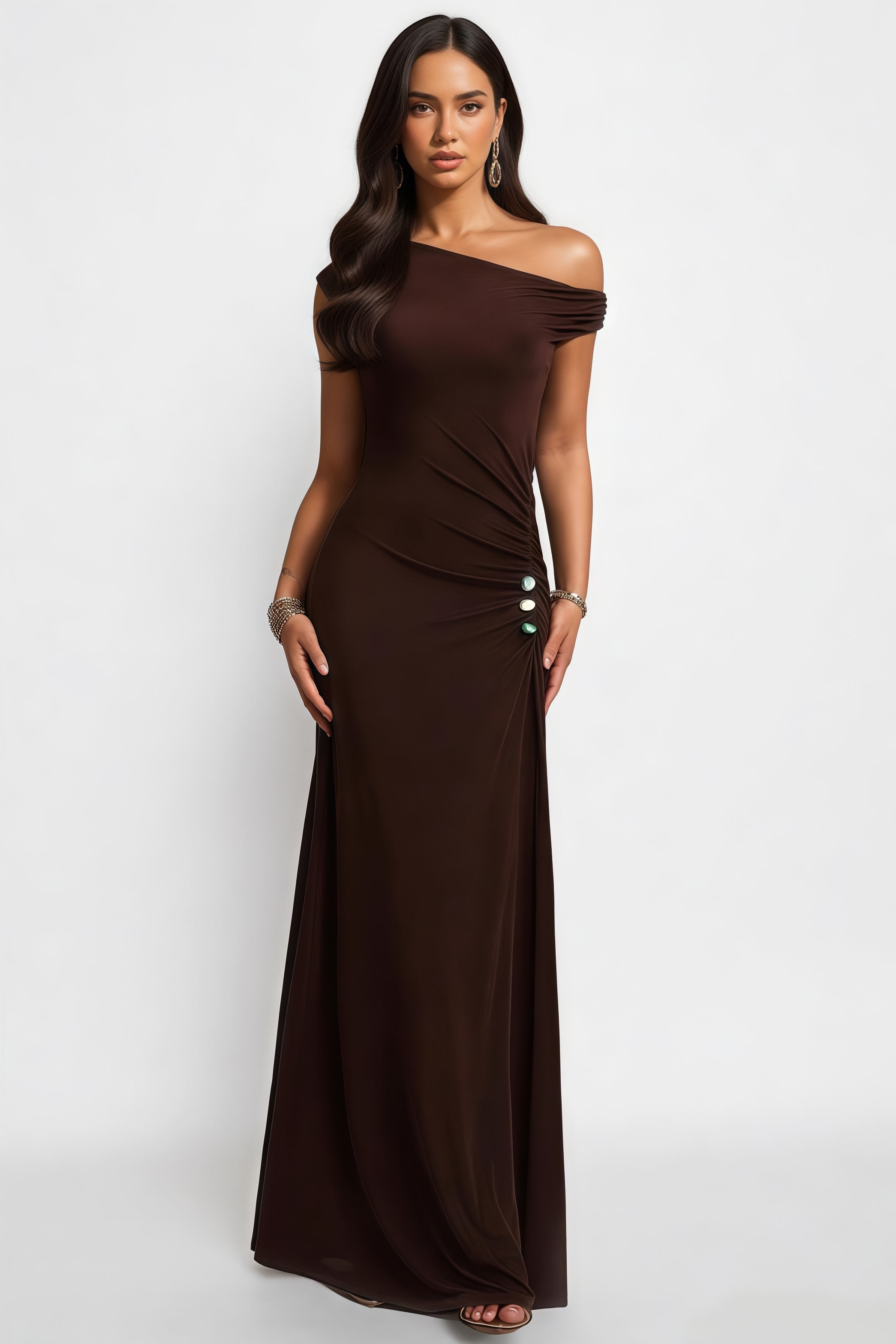 Bavid Brown Slanted Shoulder Ruched Maxi Dress