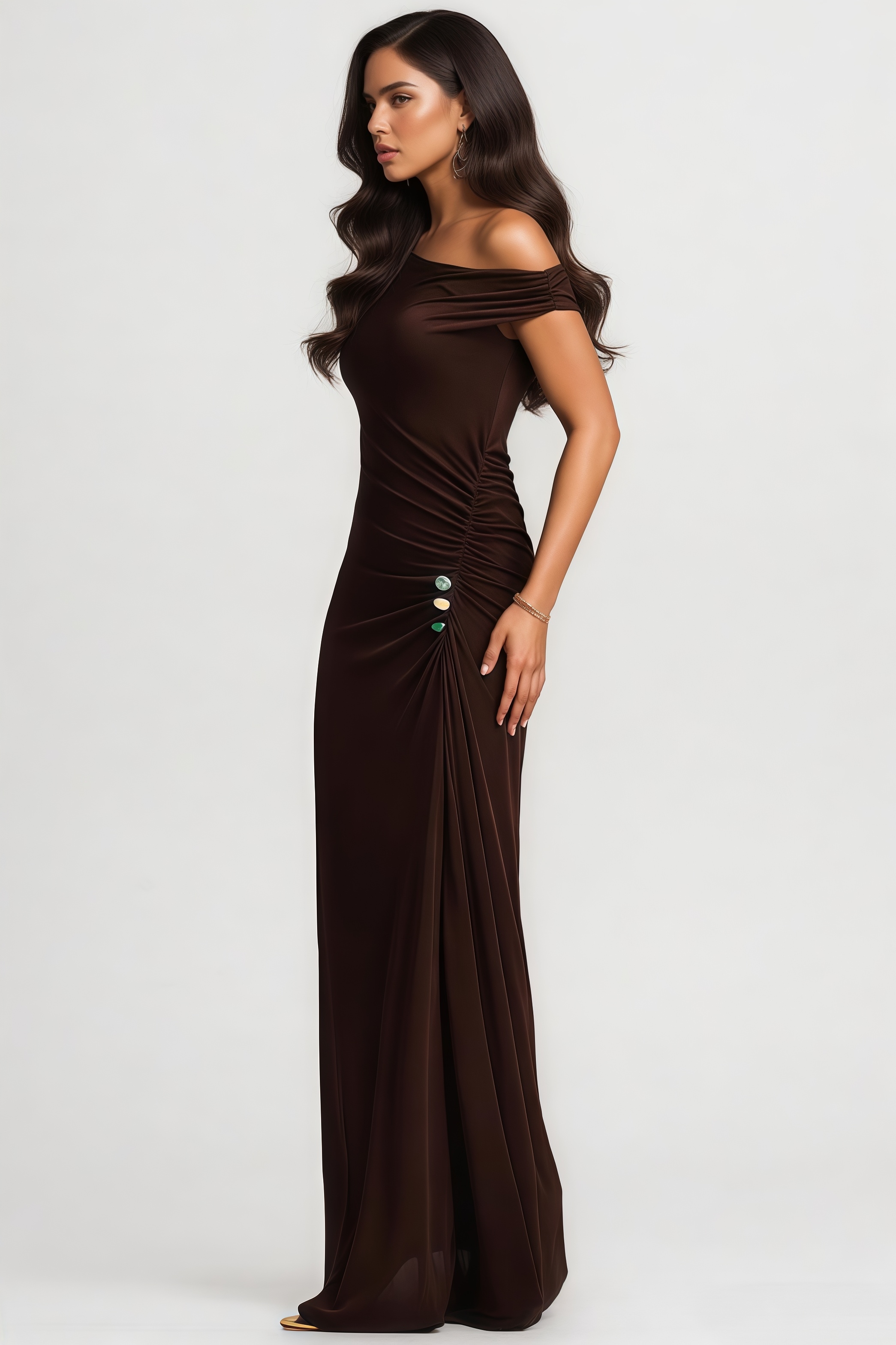 Bavid Brown Slanted Shoulder Ruched Maxi Dress