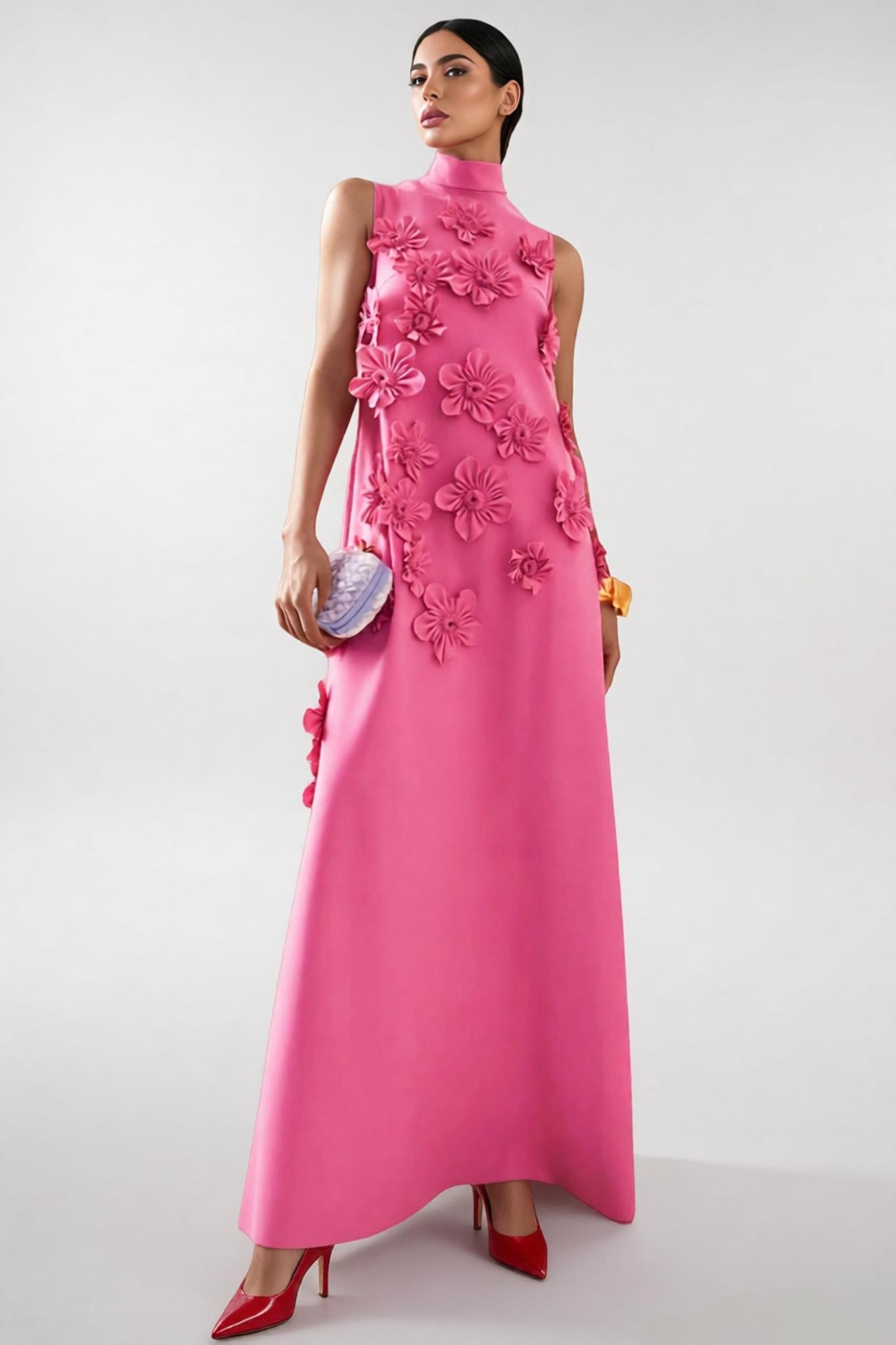 Eliza 3D Floral High Neck Sleeveless Maxi Dress-Pink