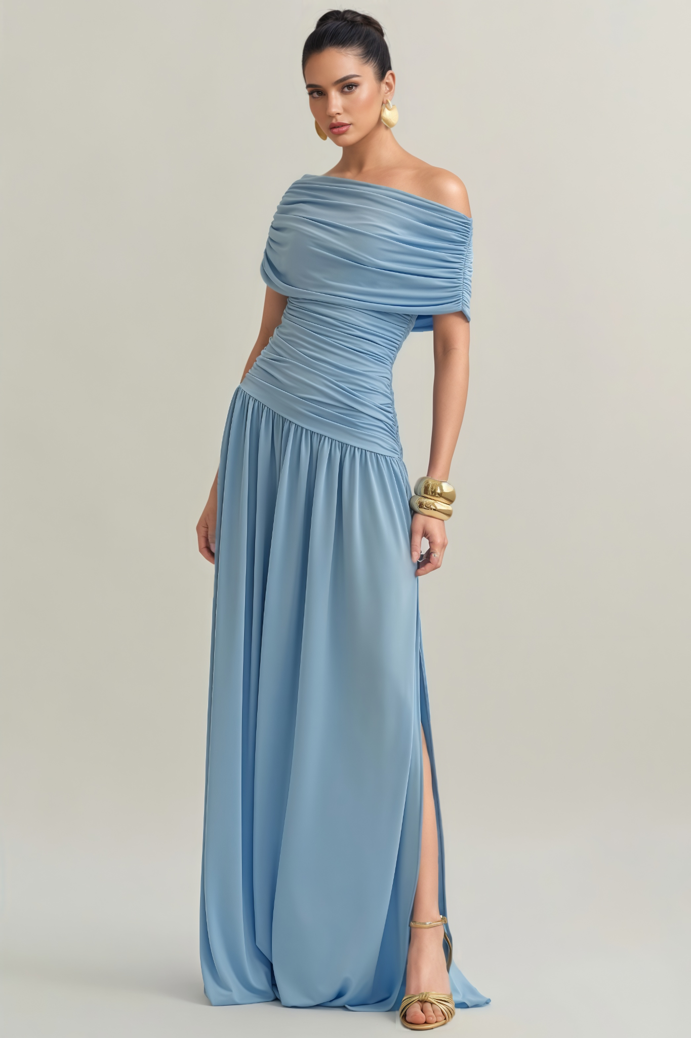Eleanor Blue Off Shoulder Pleat Maxi Dress