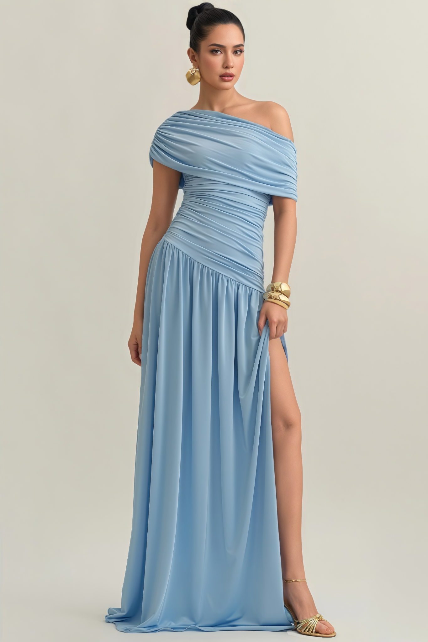 Eleanor Blue Off Shoulder Pleat Maxi Dress