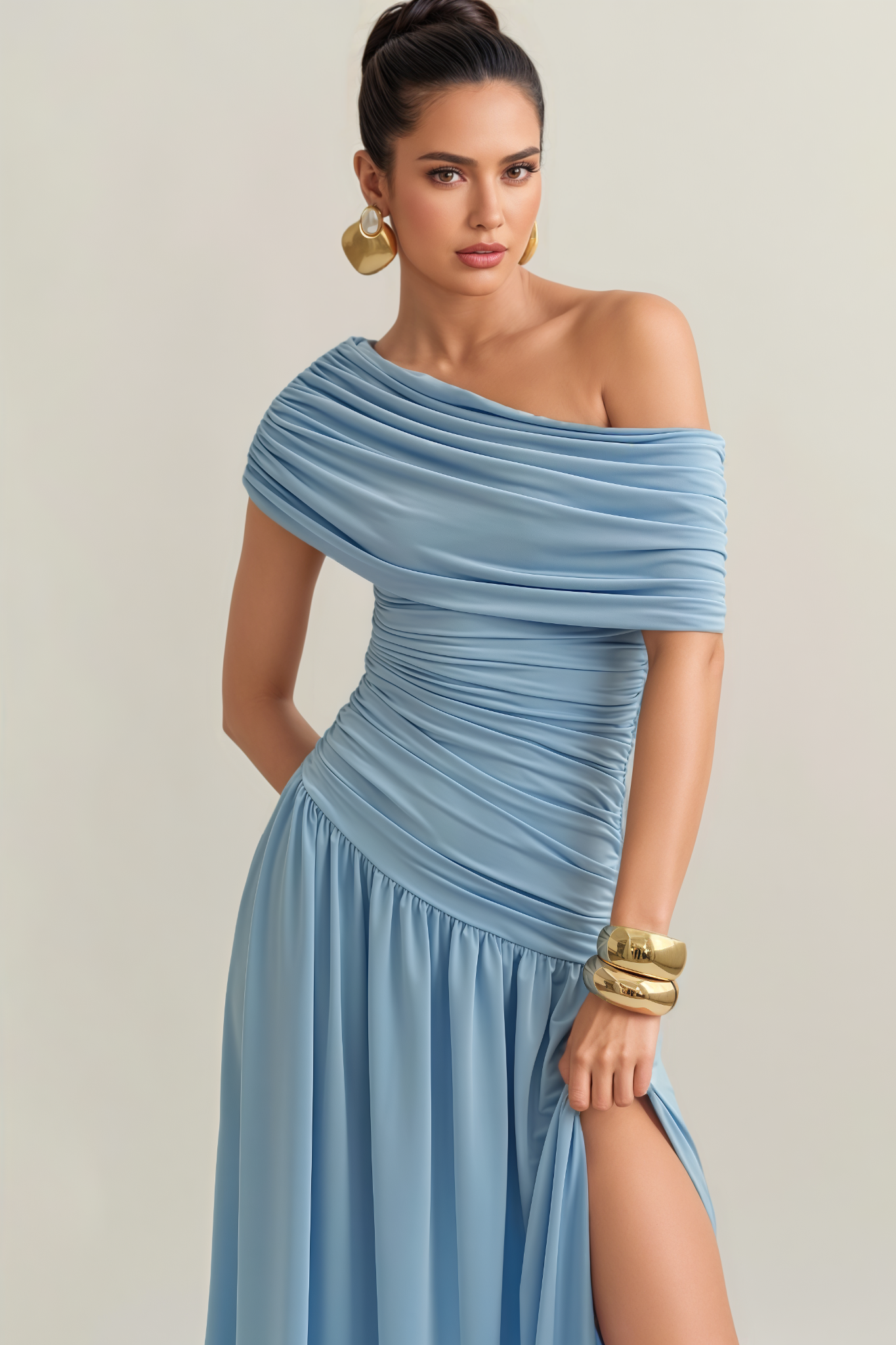 Eleanor Blue Off Shoulder Pleat Maxi Dress