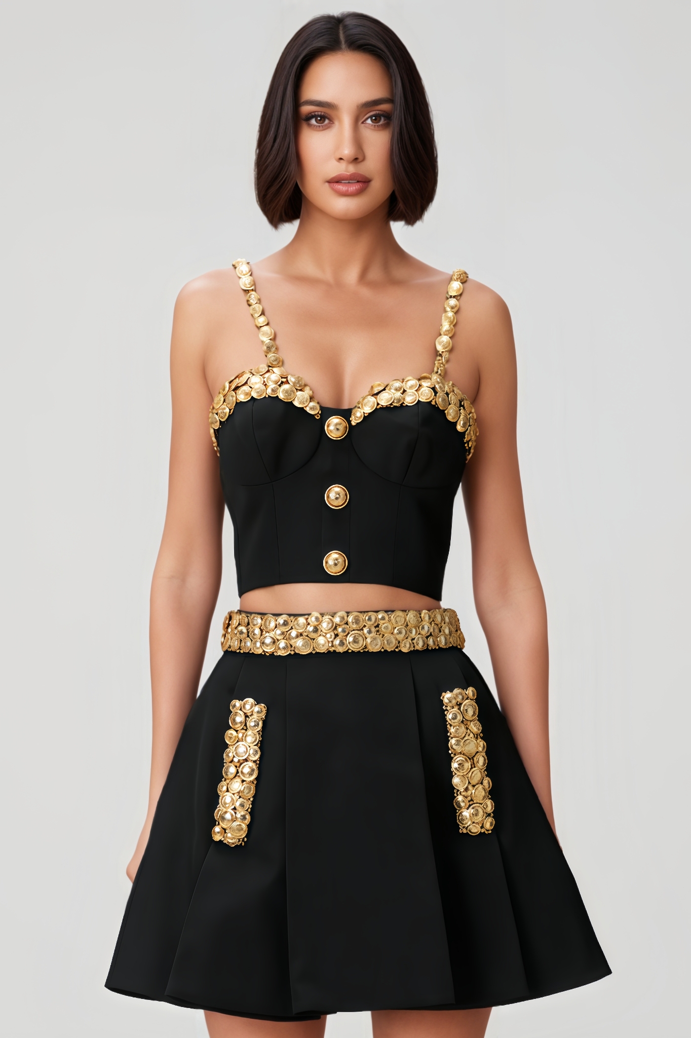 Fiorasd Gold Button Embellished Mini Dress Set