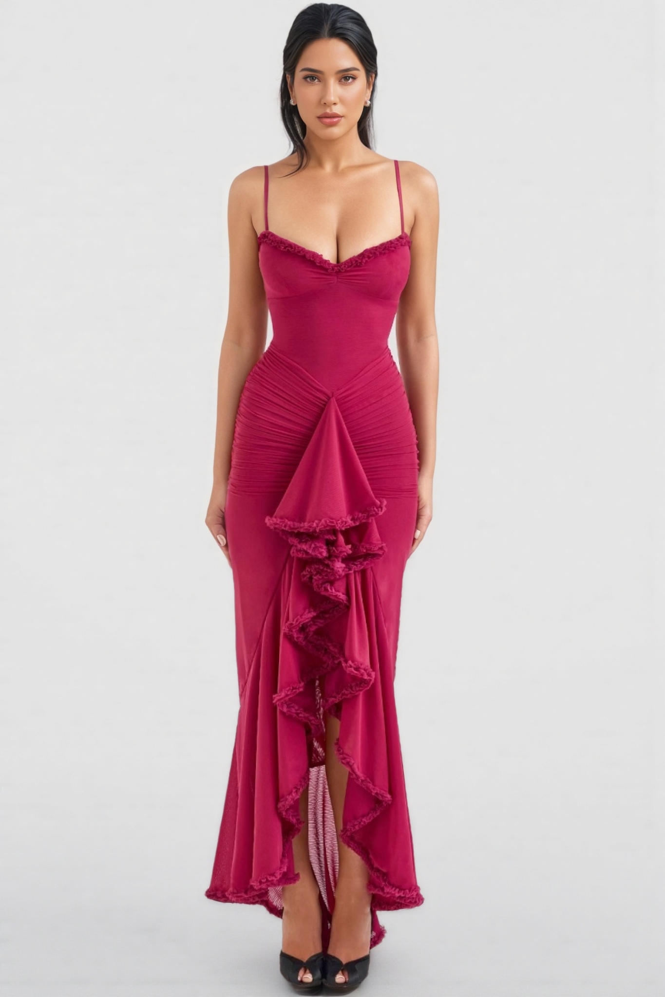 Jinx Wine Ruffled Front Maxi Dress