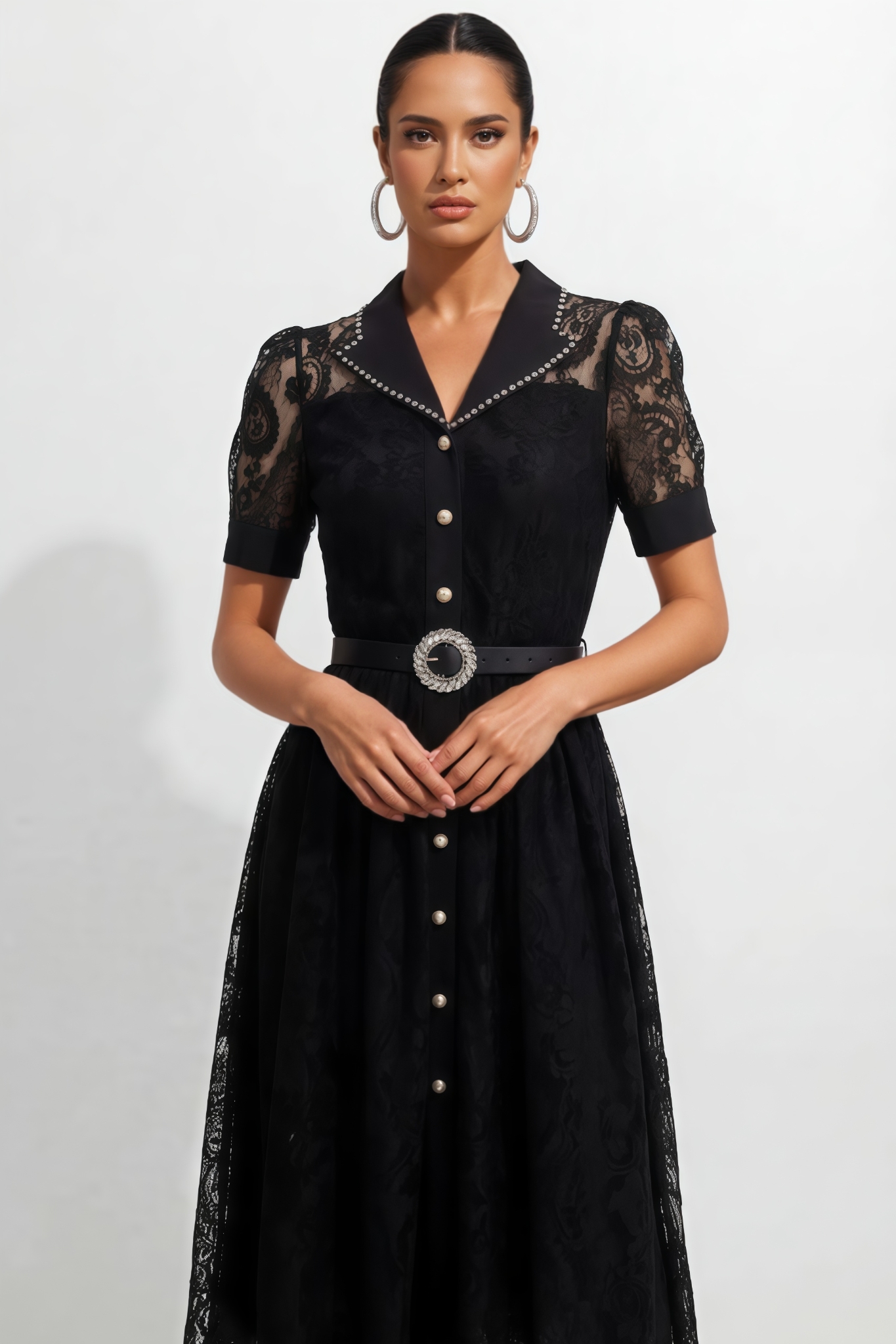 Runthe Black Lapel Collar Lace Maxi Dress