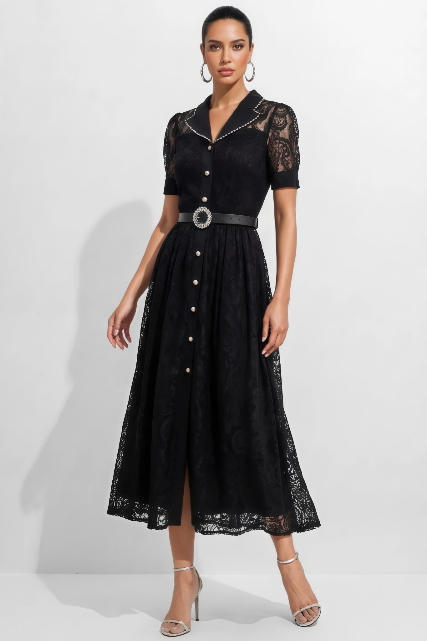 Runthe Black Lapel Collar Lace Maxi Dress